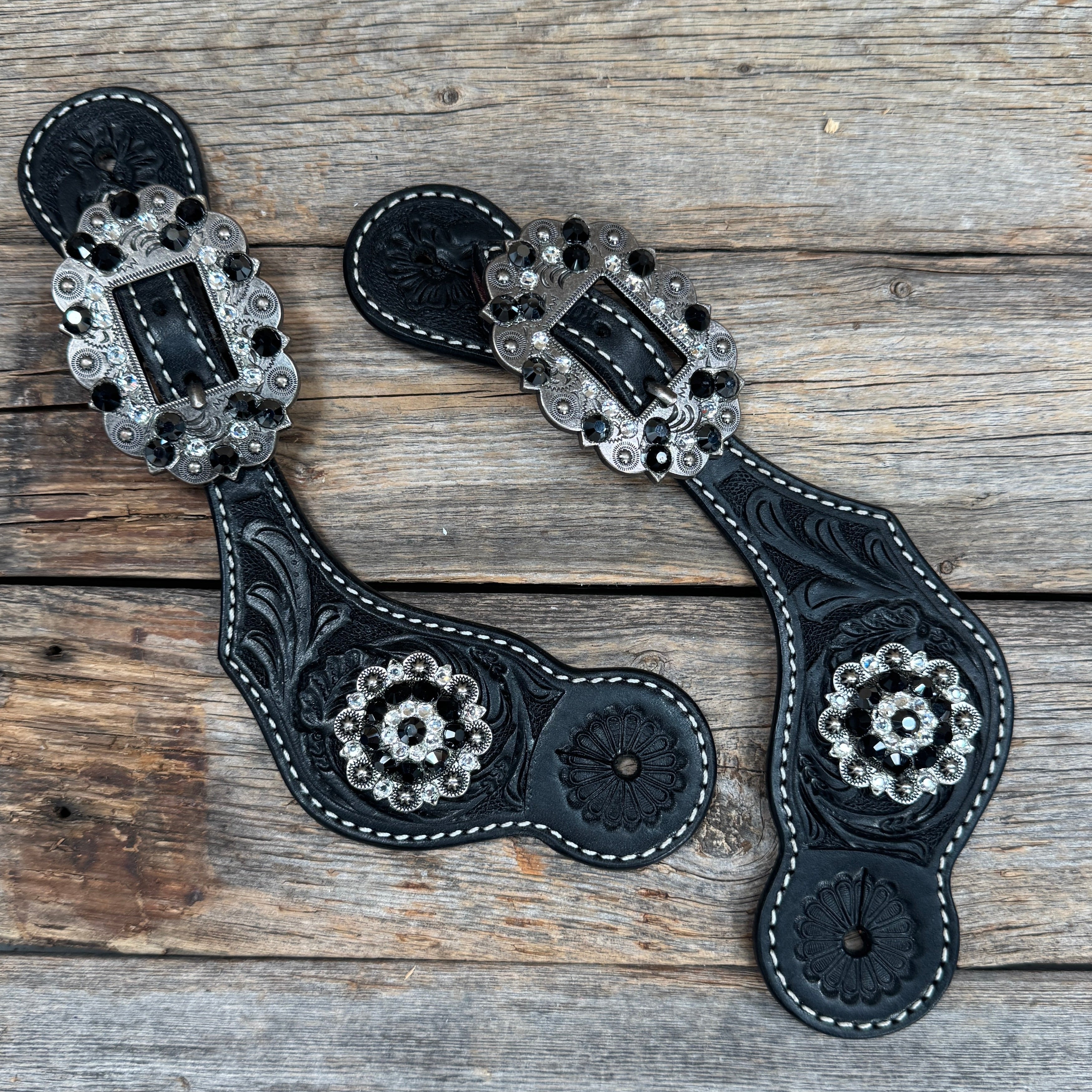 Black Floral Spur Straps - Antique Silver Crystal Conchos #SS115