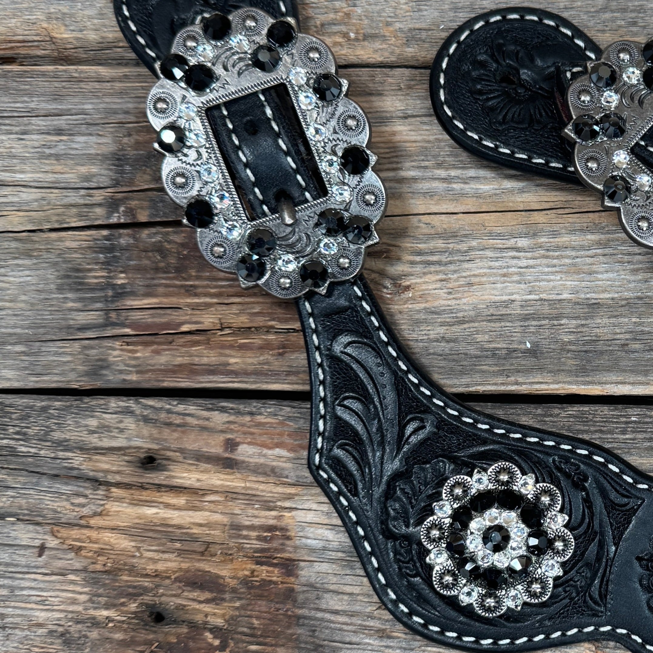 Black Floral Spur Straps - Antique Silver Crystal Conchos #SS115