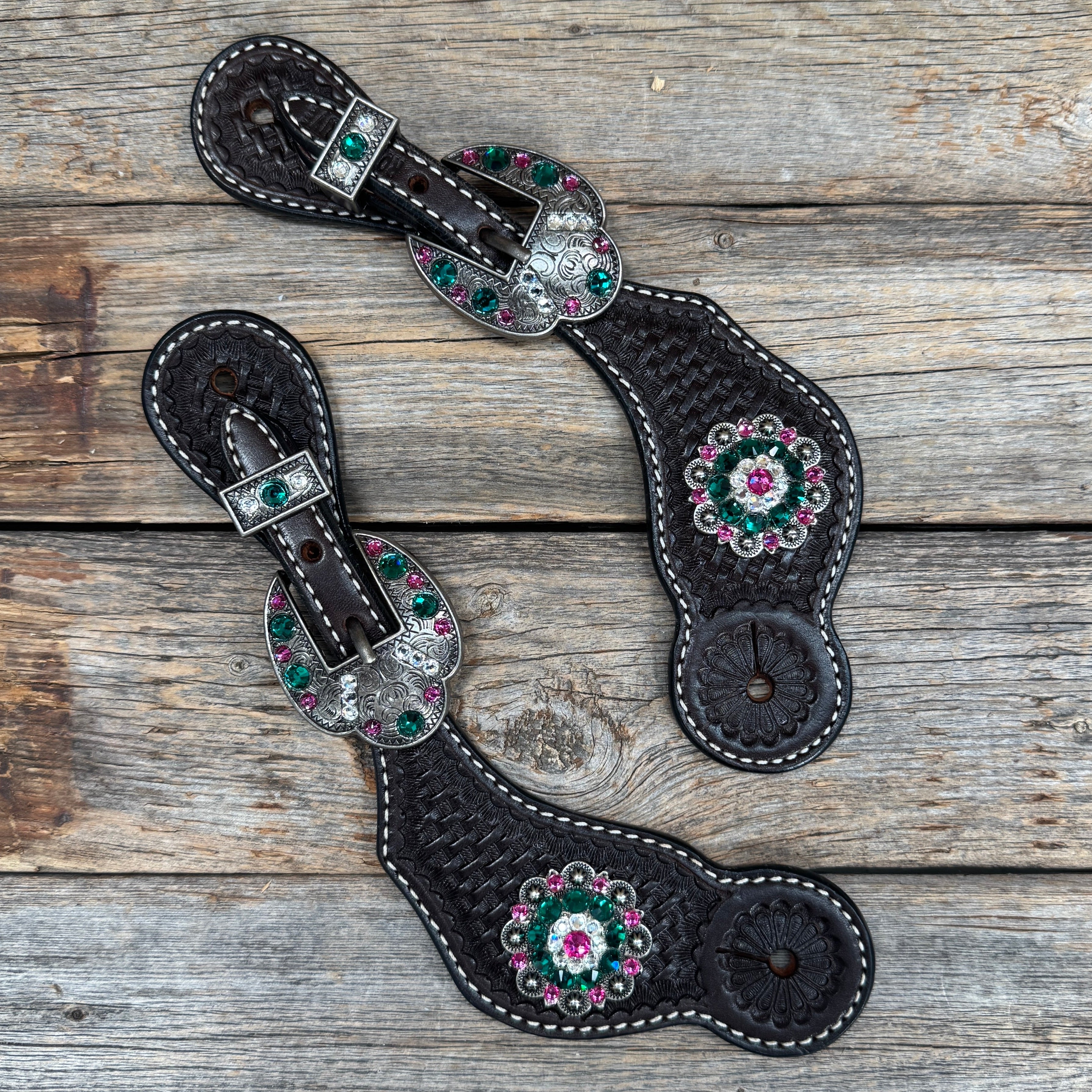 Dark Oil Basketweave Spur Straps - Antique Silver Crystal Conchos #SS142