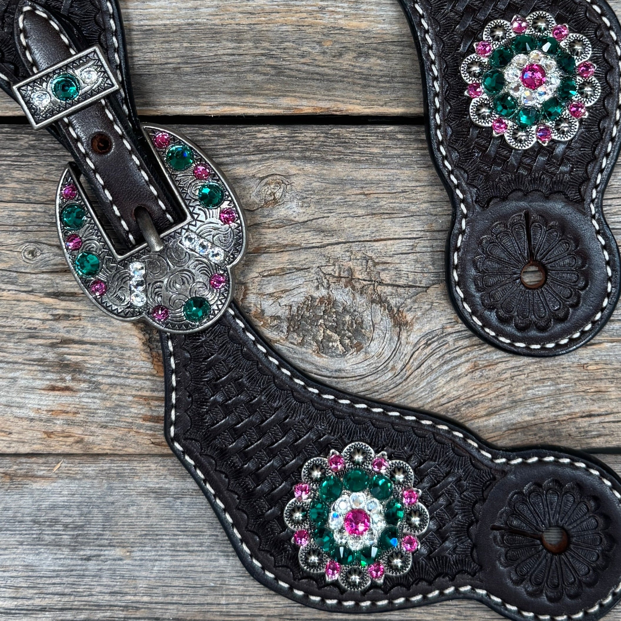 Dark Oil Basketweave Spur Straps - Antique Silver Crystal Conchos #SS142