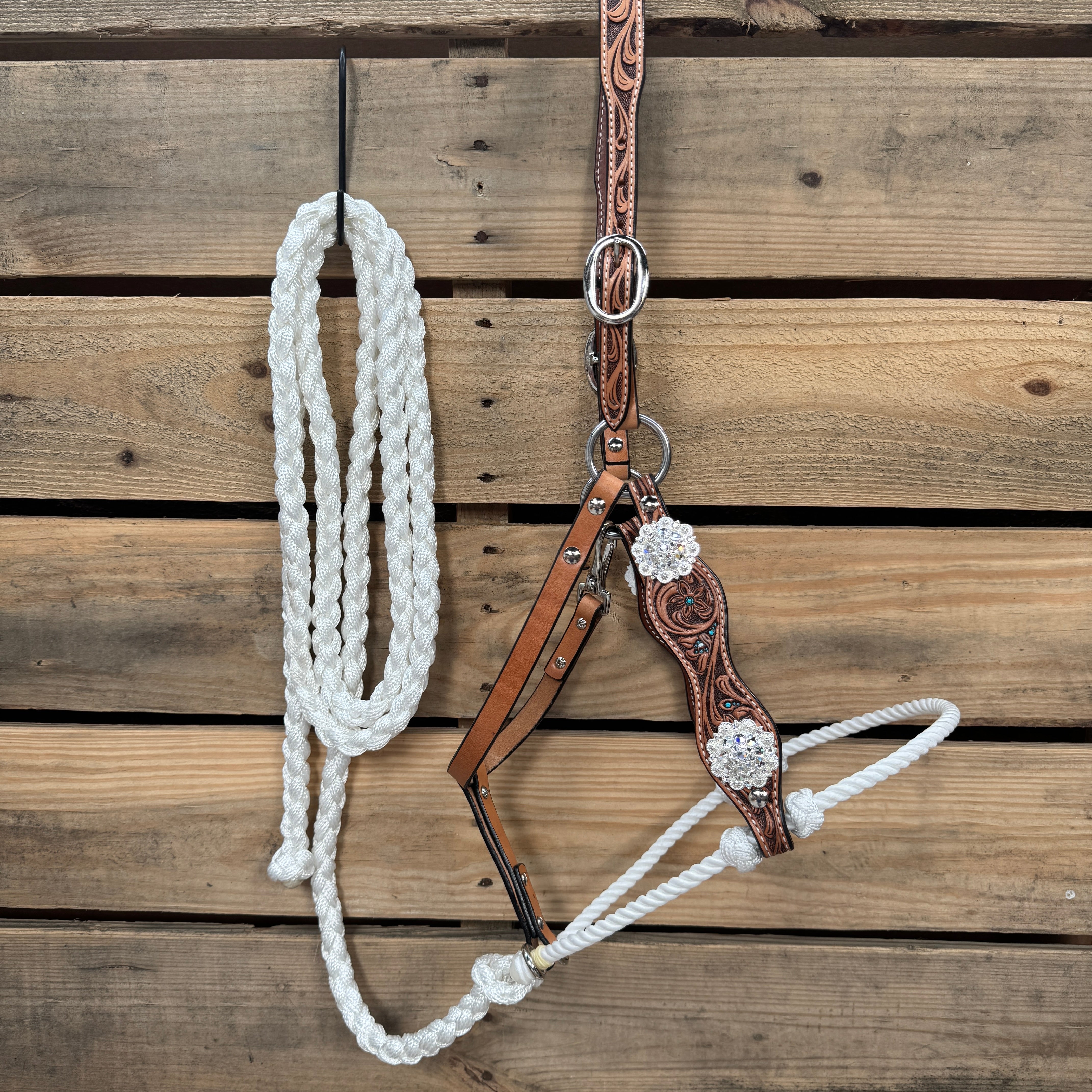 Floral Tooled Lariat & Leather Combo Halter #LH109