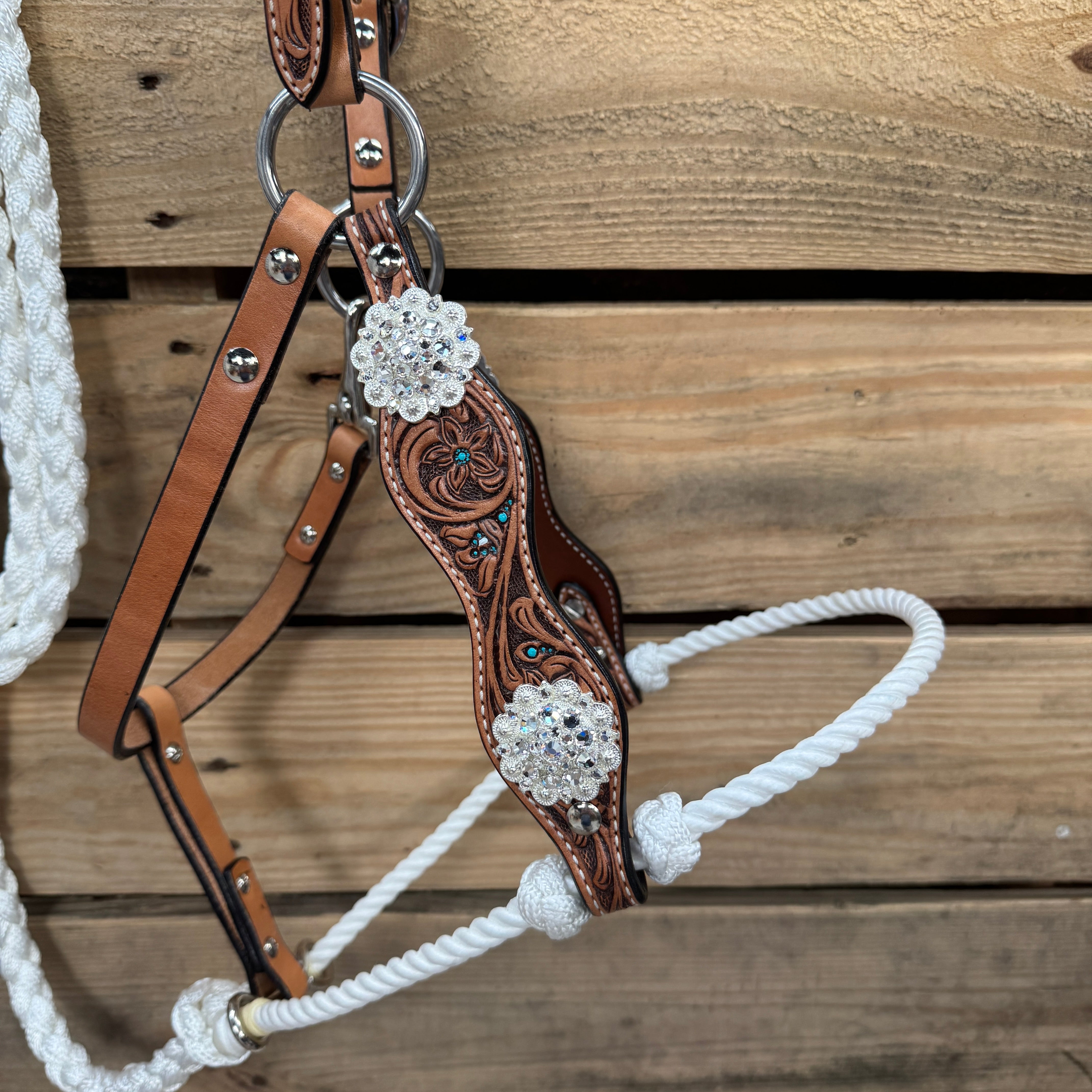 Floral Tooled Lariat & Leather Combo Halter #LH109
