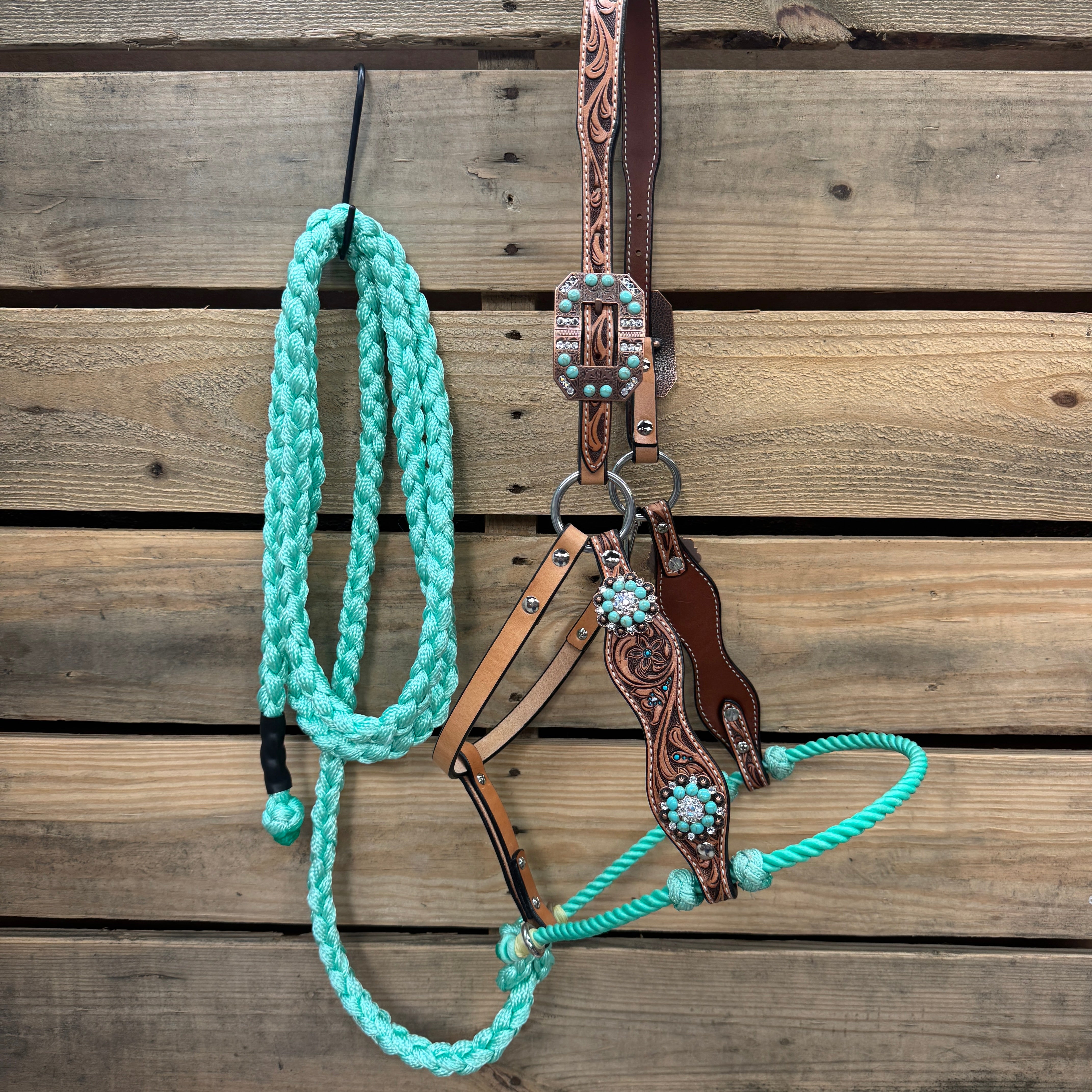 Floral Tooled Lariat & Leather Combo Halter #LH108