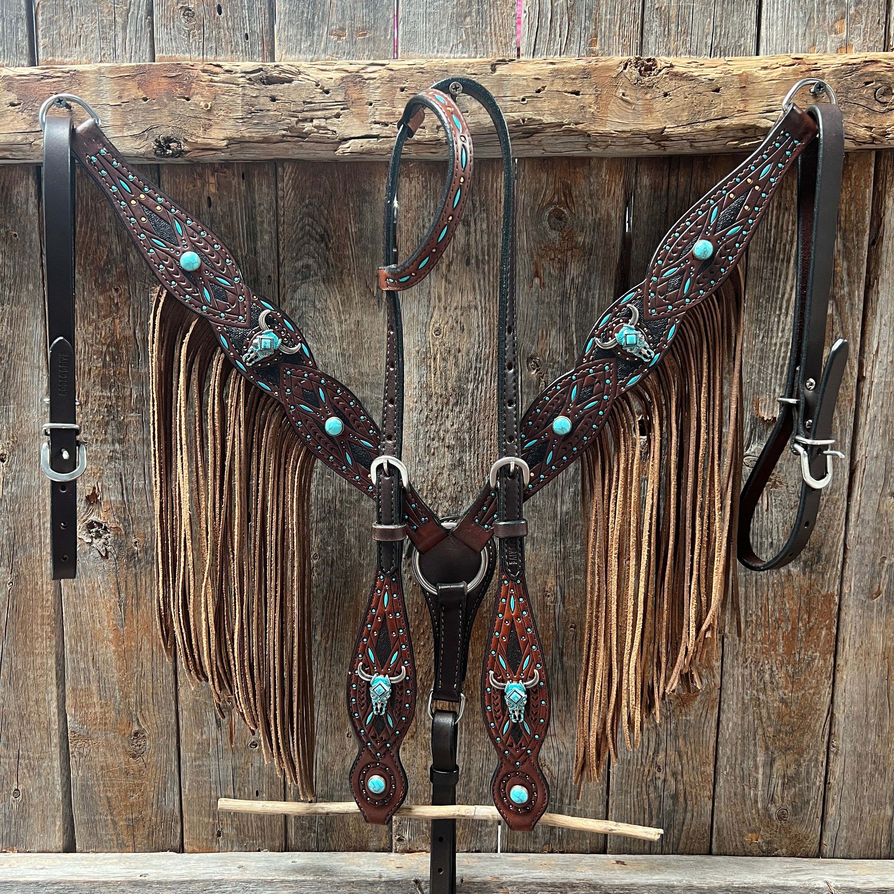 Dark Oil Hand Painted Turquoise Steer Head Browband/One Ear and Breastcollar Tack Set #BBBC624