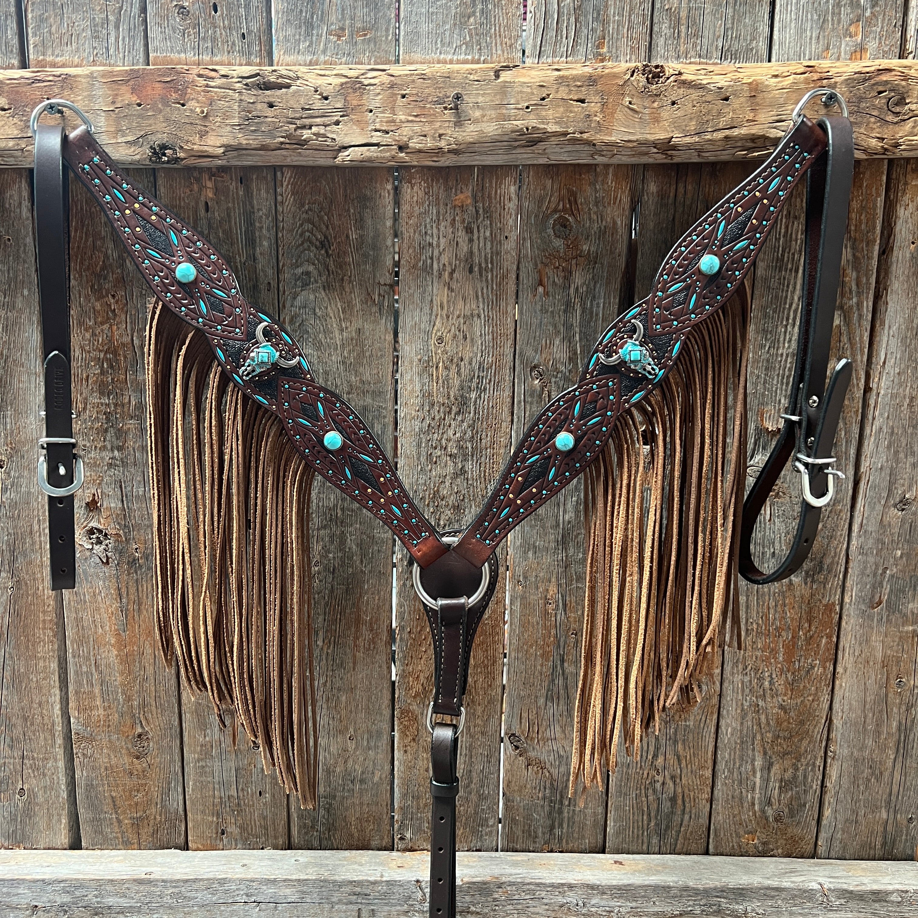 Dark Oil Hand Painted Turquoise Steer Head Browband/One Ear and Breastcollar Tack Set #BBBC624