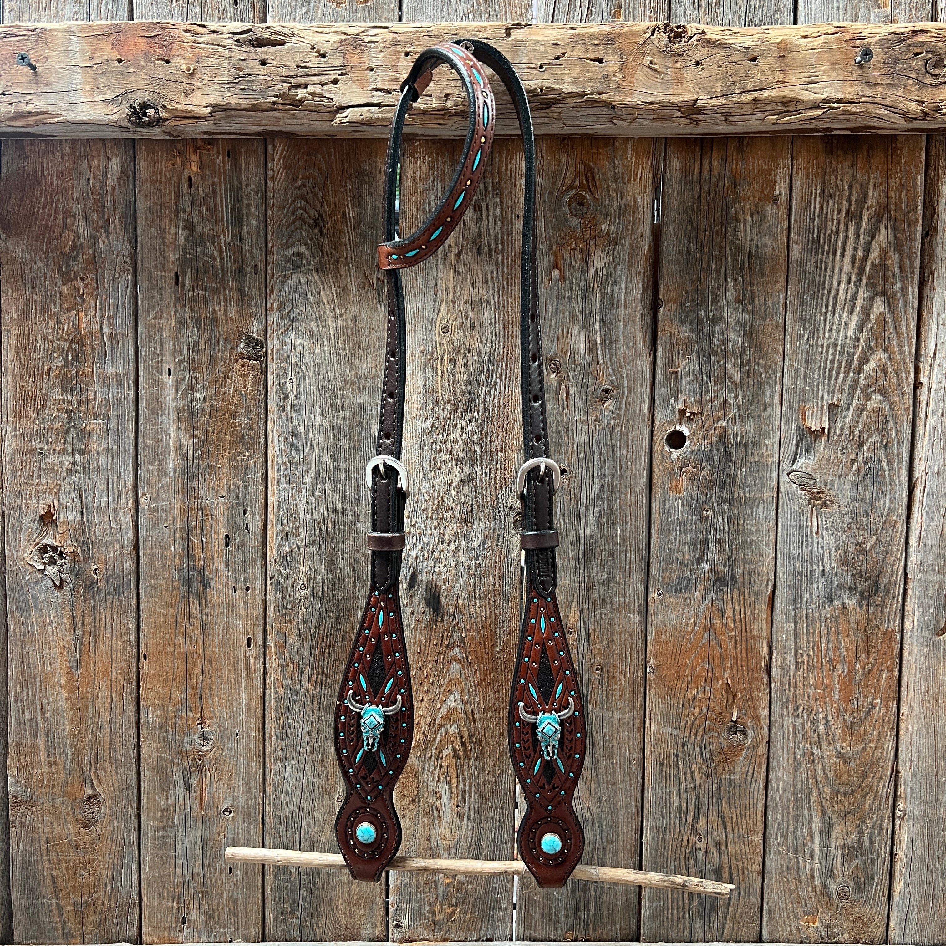 Dark Oil Hand Painted Turquoise Steer Head Browband/One Ear and Breastcollar Tack Set #BBBC624