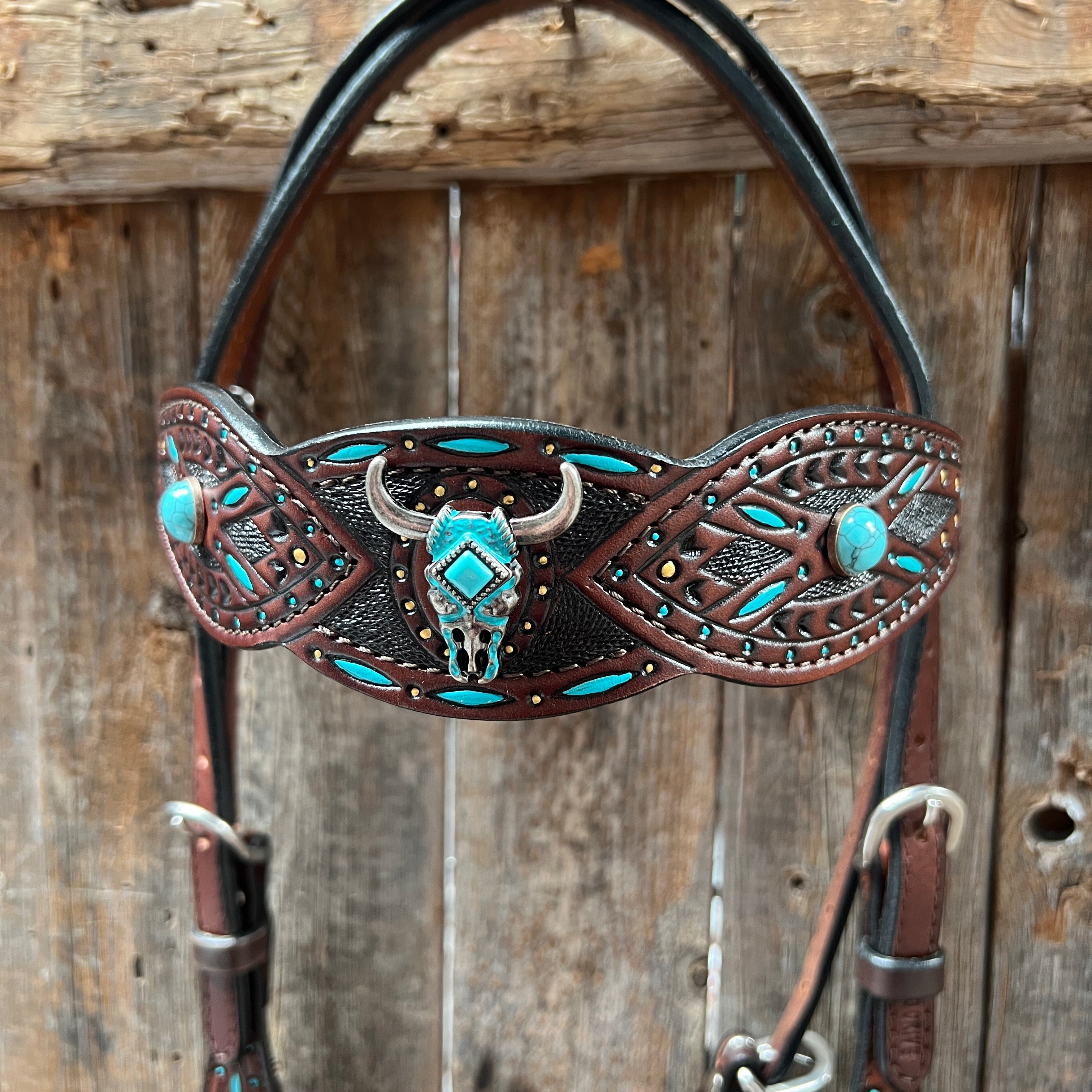 Dark Oil Hand Painted Turquoise Steer Head Browband/One Ear and Breastcollar Tack Set #BBBC624