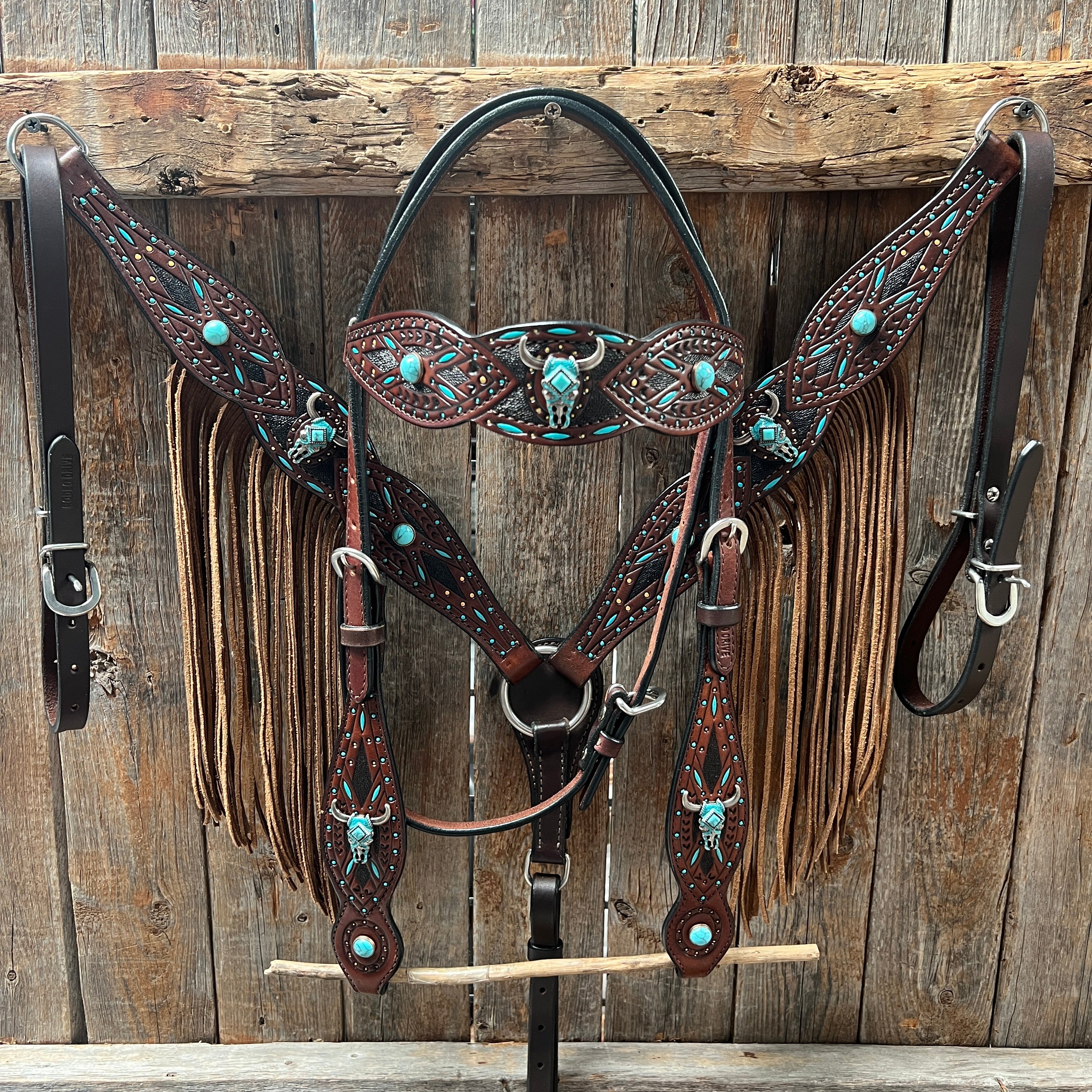 Dark Oil Hand Painted Turquoise Steer Head Browband/One Ear and Breastcollar Tack Set #BBBC624