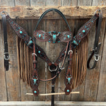 Dark Oil Hand Painted Turquoise Steer Head Browband/One Ear and Breastcollar Tack Set #BBBC624
