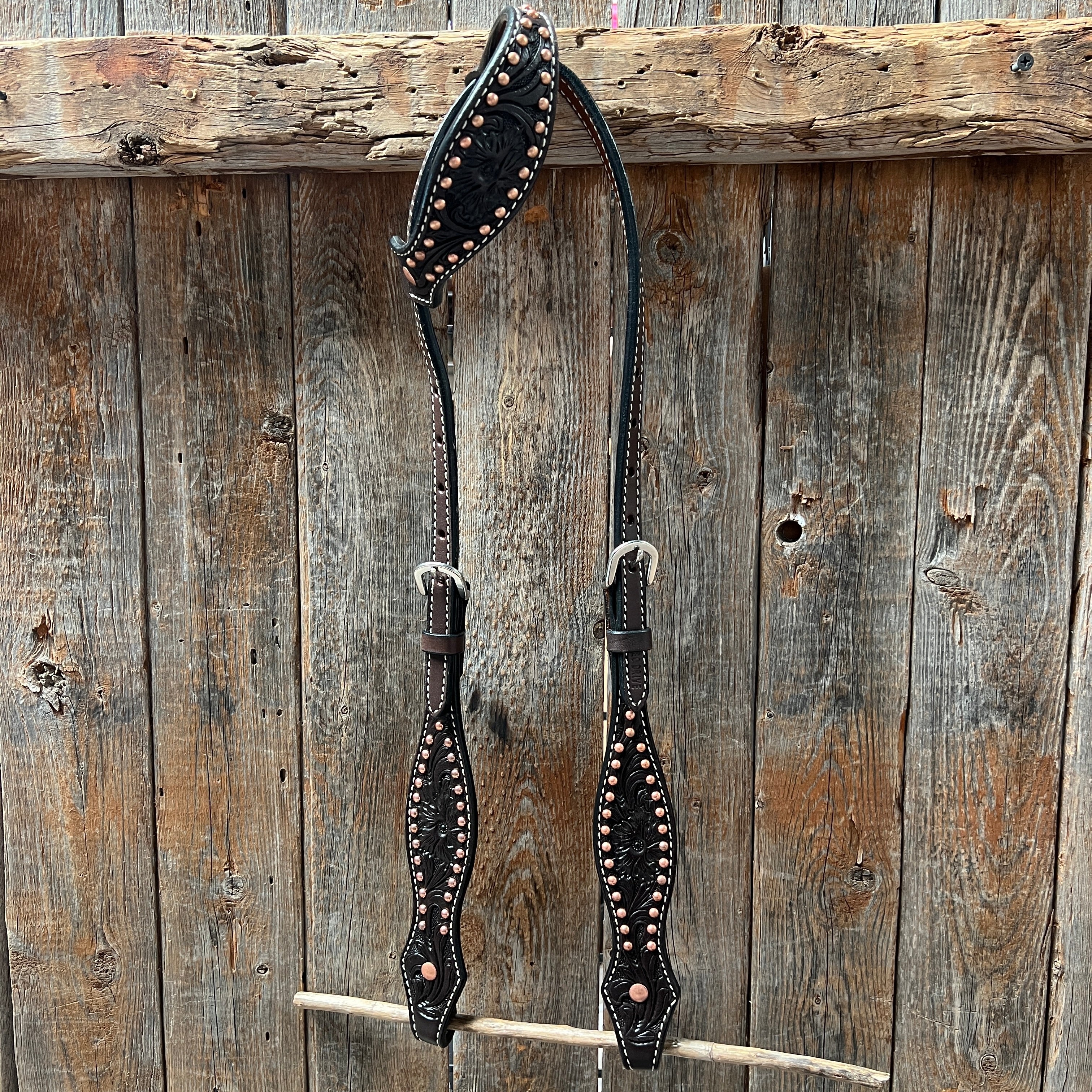 Dark Oil Floral Tooled with Copper Dots One Ear Headstall / Bridle