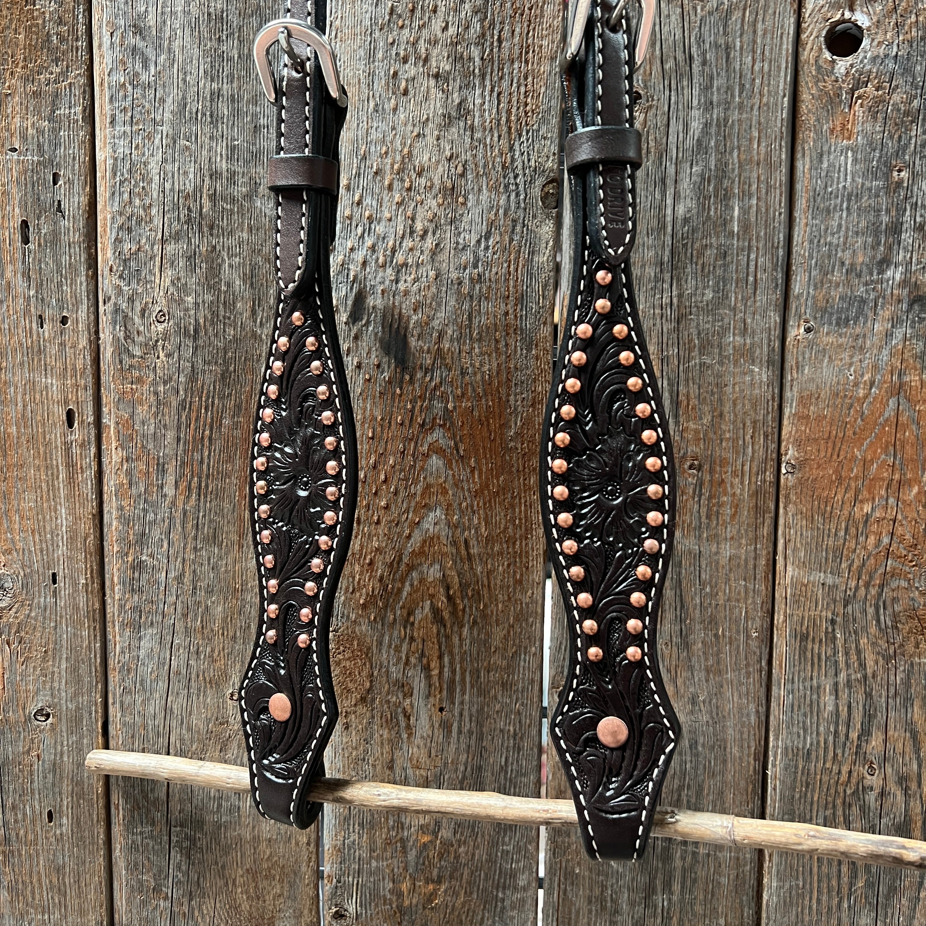 Dark Oil Floral Tooled with Copper Dots Browband Headstall / Bridle