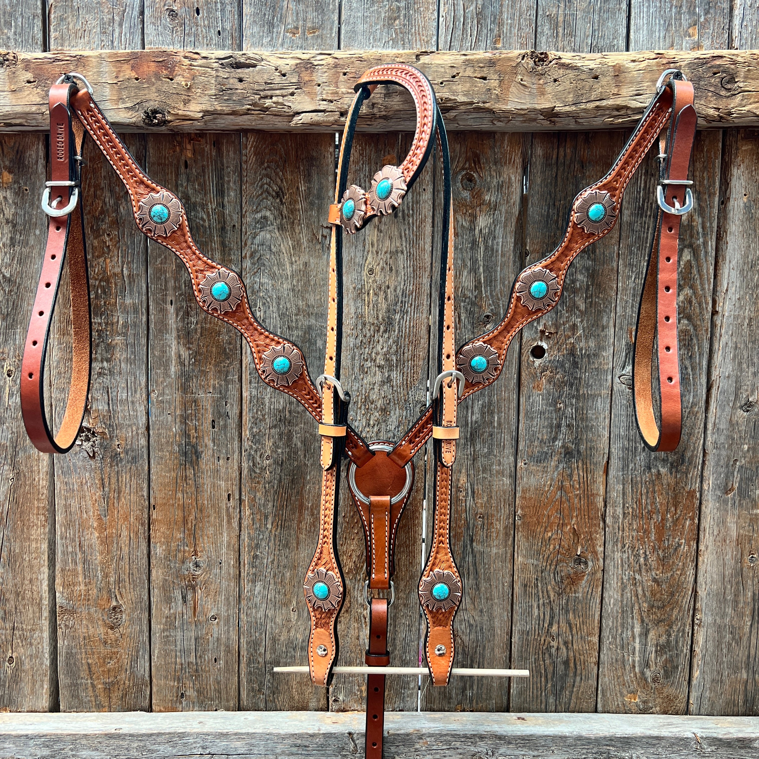 Light Oil Basketweave Copper and Turquoise Browband/One Ear Tack Set  #BBBC625