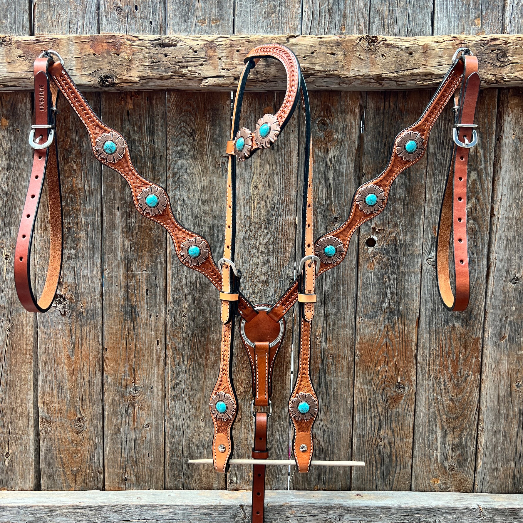 Light Oil Basketweave Copper and Turquoise Browband/One Ear Tack Set  #BBBC625