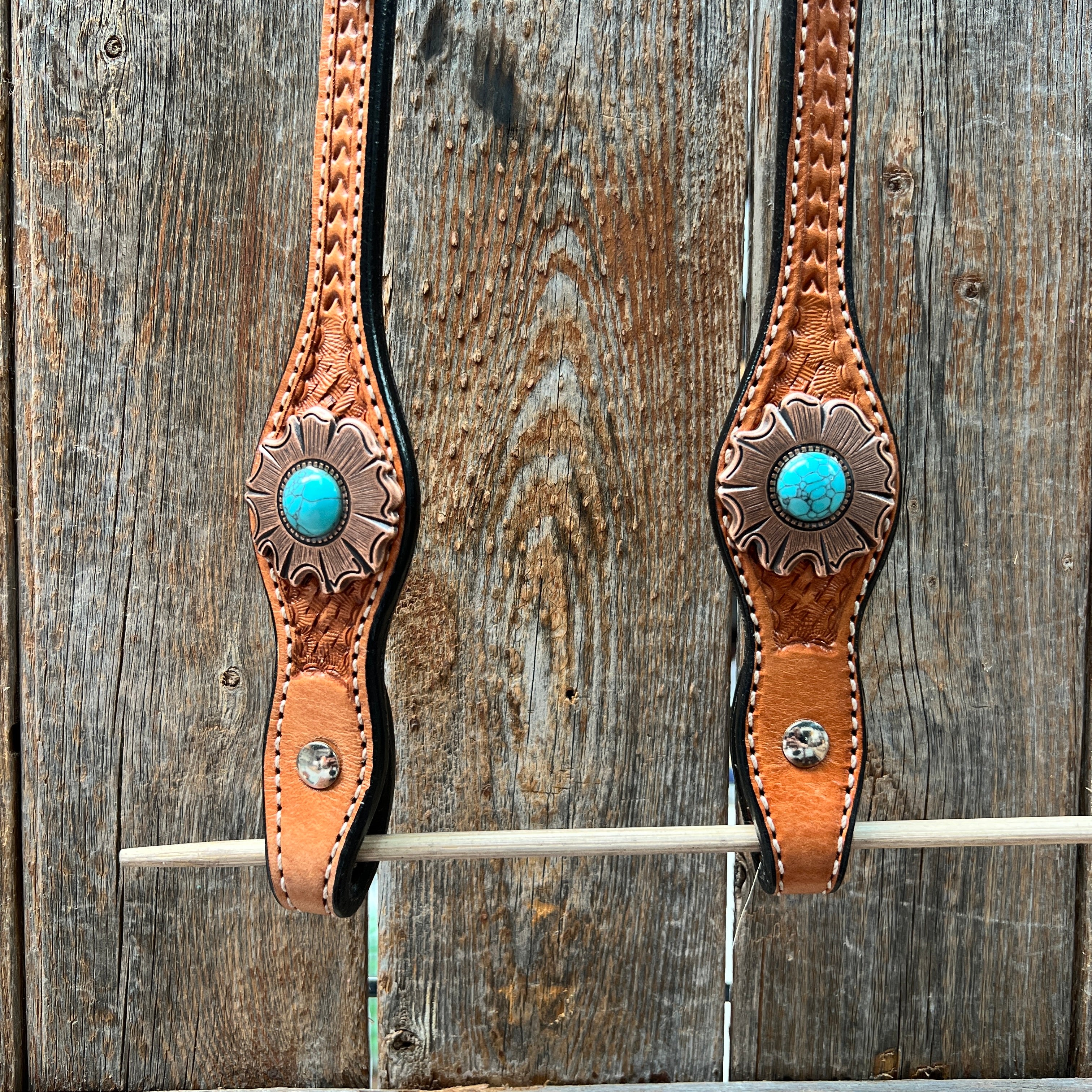Light Oil Basketweave Copper and Turquoise Browband/One Ear Tack Set  #BBBC625
