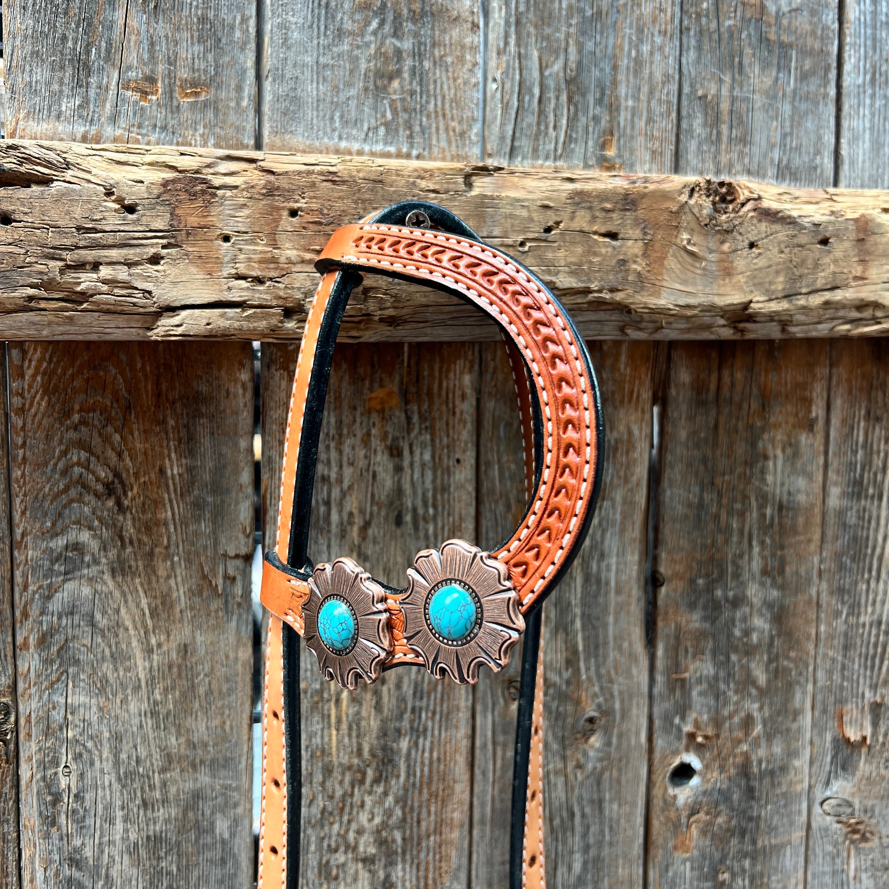 Light Oil Basketweave Copper and Turquoise Browband/One Ear Tack Set  #BBBC625