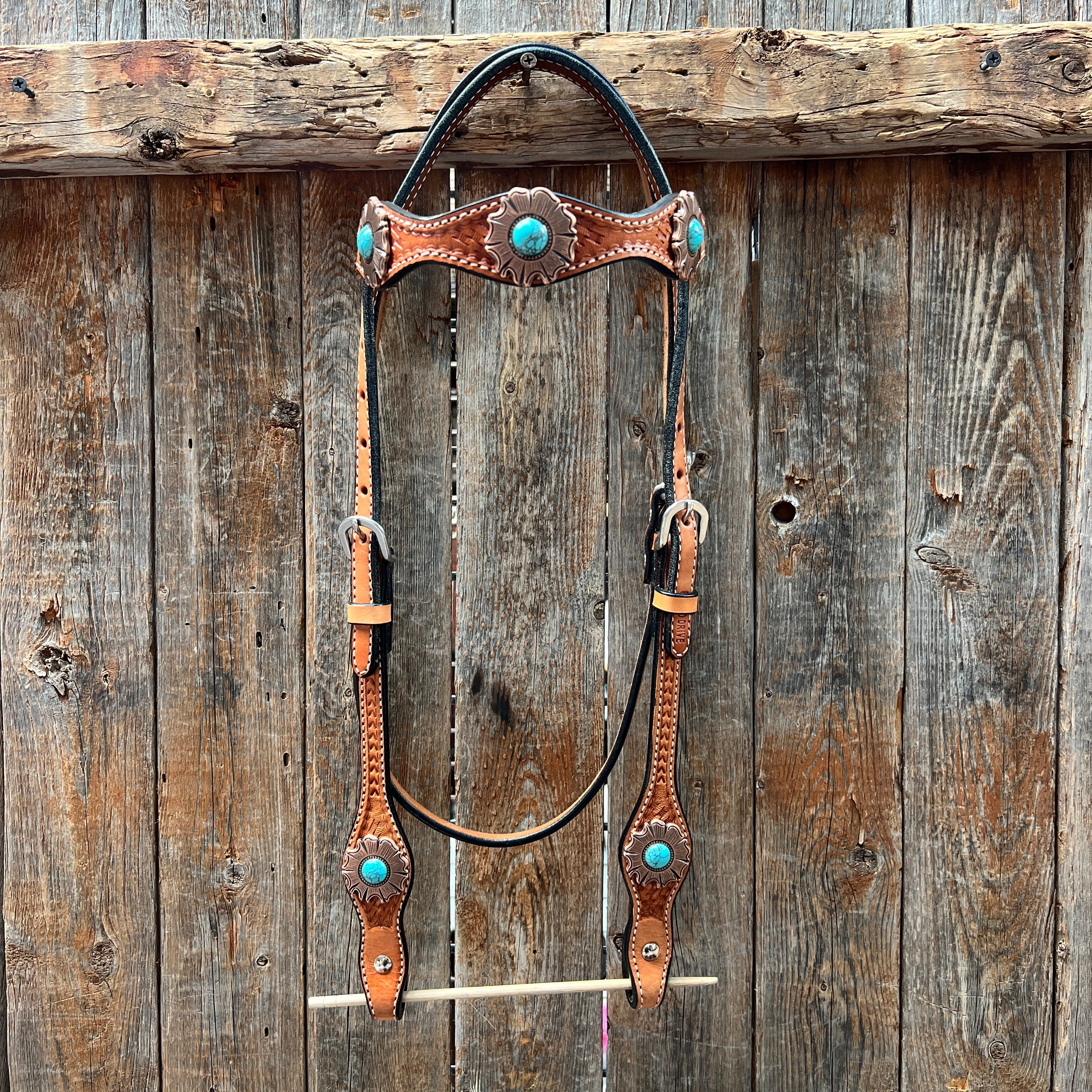 Light Oil Basketweave Copper and Turquoise Browband/One Ear Tack Set  #BBBC625