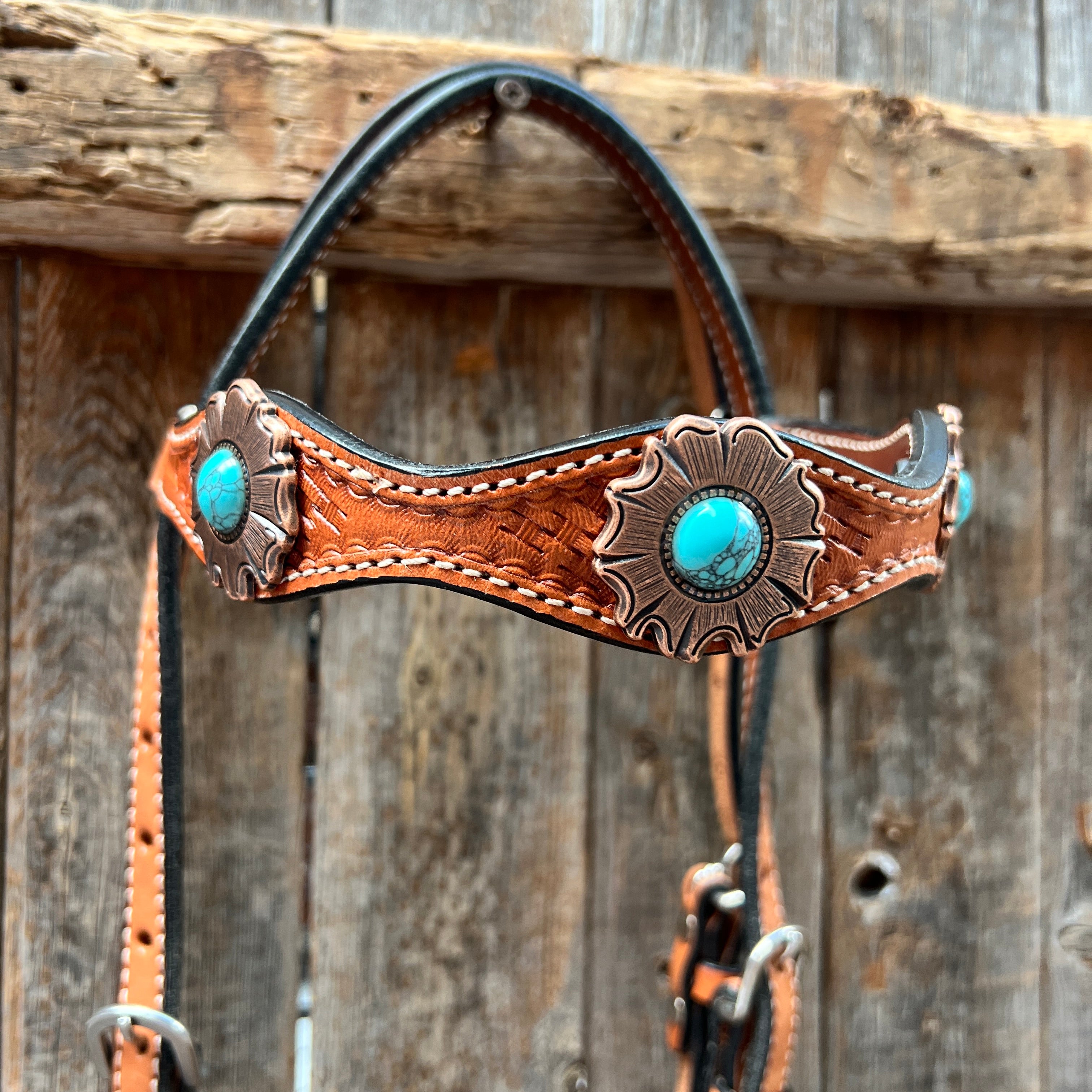 Light Oil Basketweave Copper and Turquoise Browband/One Ear Tack Set  #BBBC625