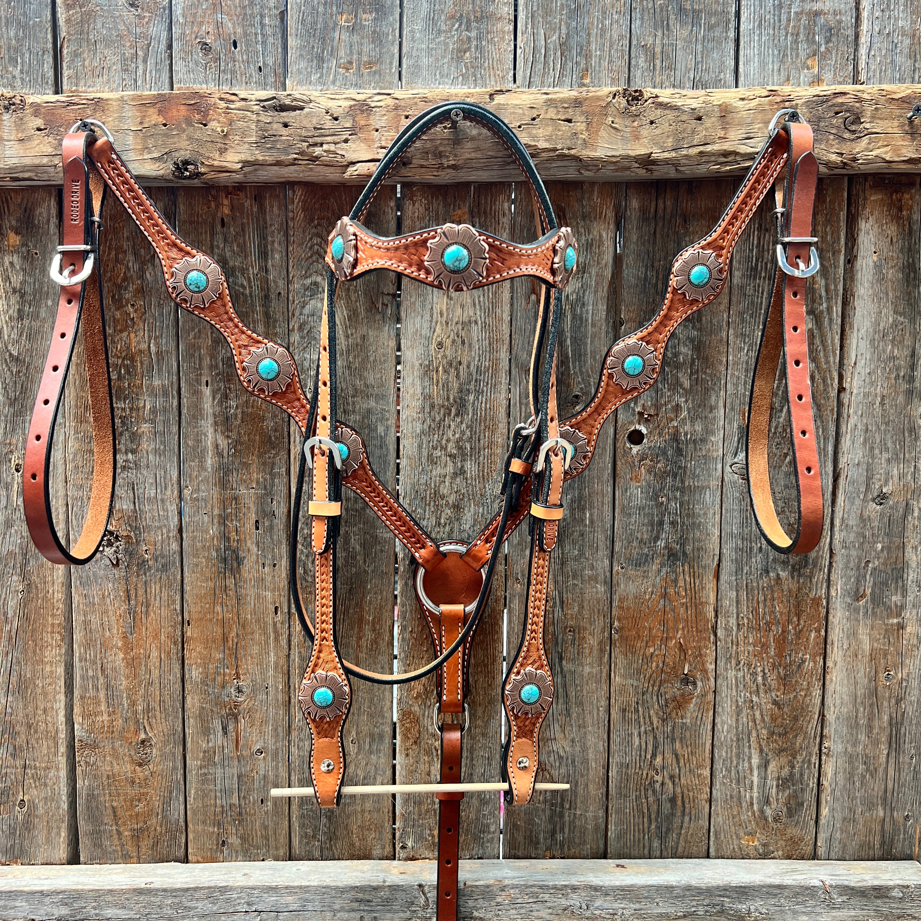 Light Oil Basketweave Copper and Turquoise Browband/One Ear Tack Set  #BBBC625