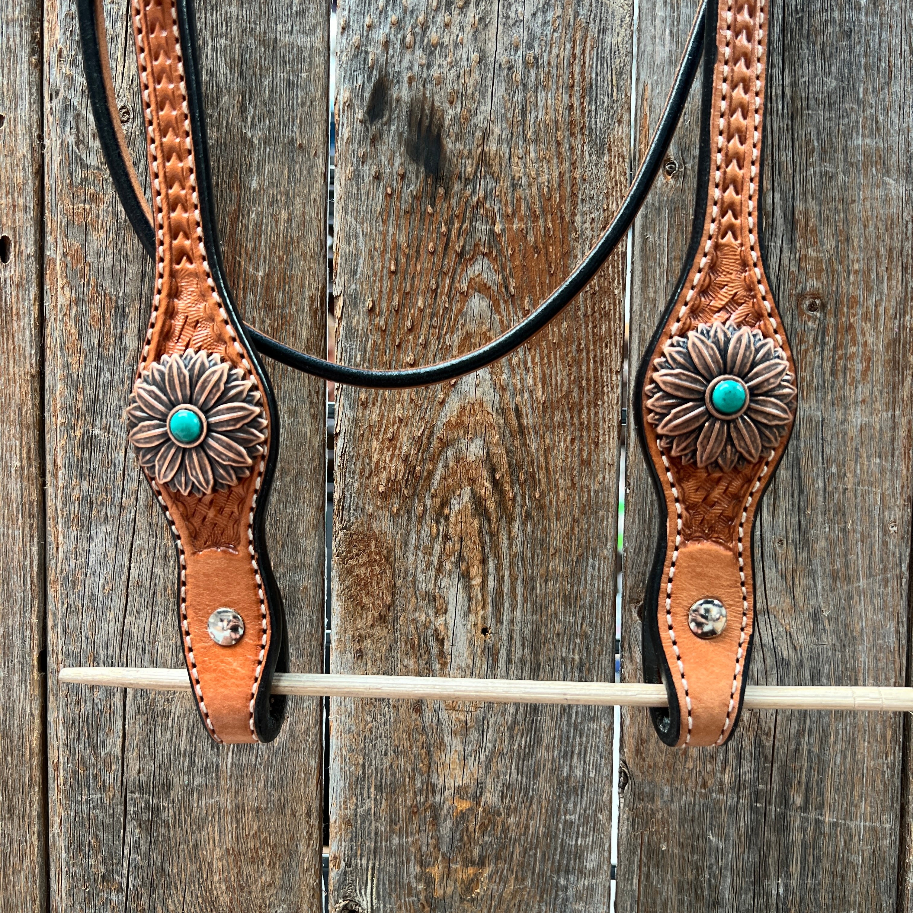 Light Oil Basketweave Copper Flower Browband/One Ear Tack Set  #BBBC620