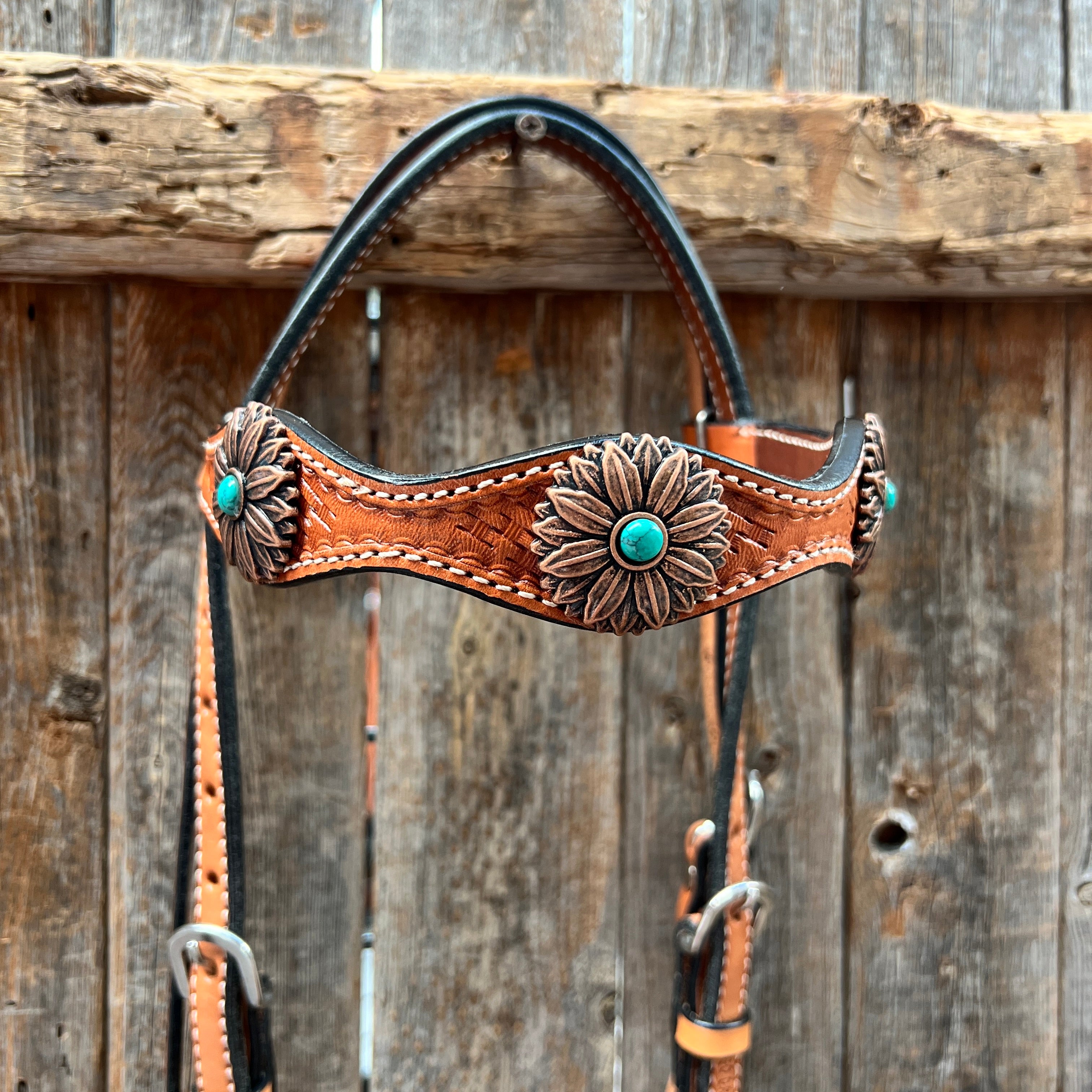 Light Oil Basketweave Copper Flower Browband/One Ear Tack Set  #BBBC620