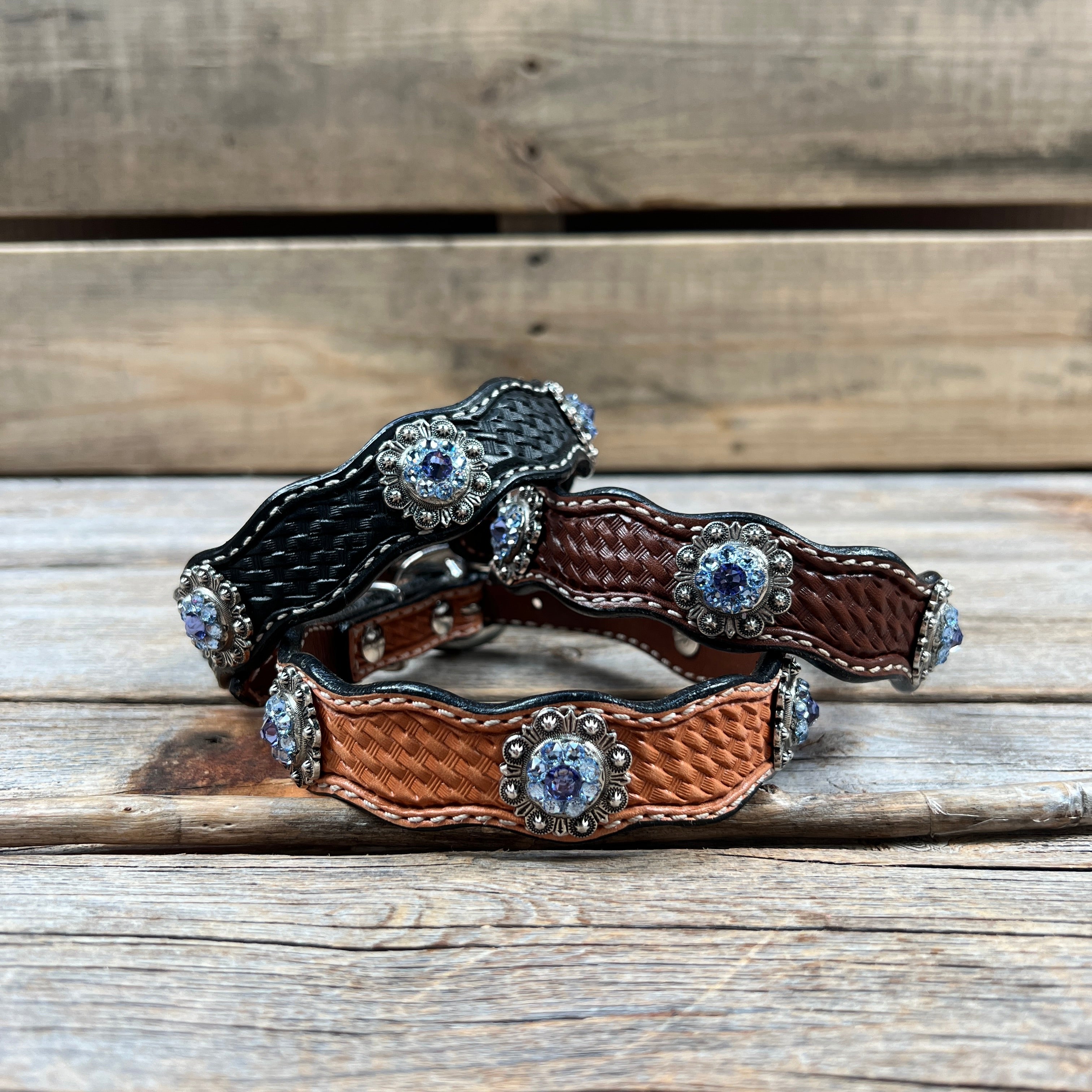 Leather Dog Collar With Antique Silver Lilac and Light Sapphire Conchos 10