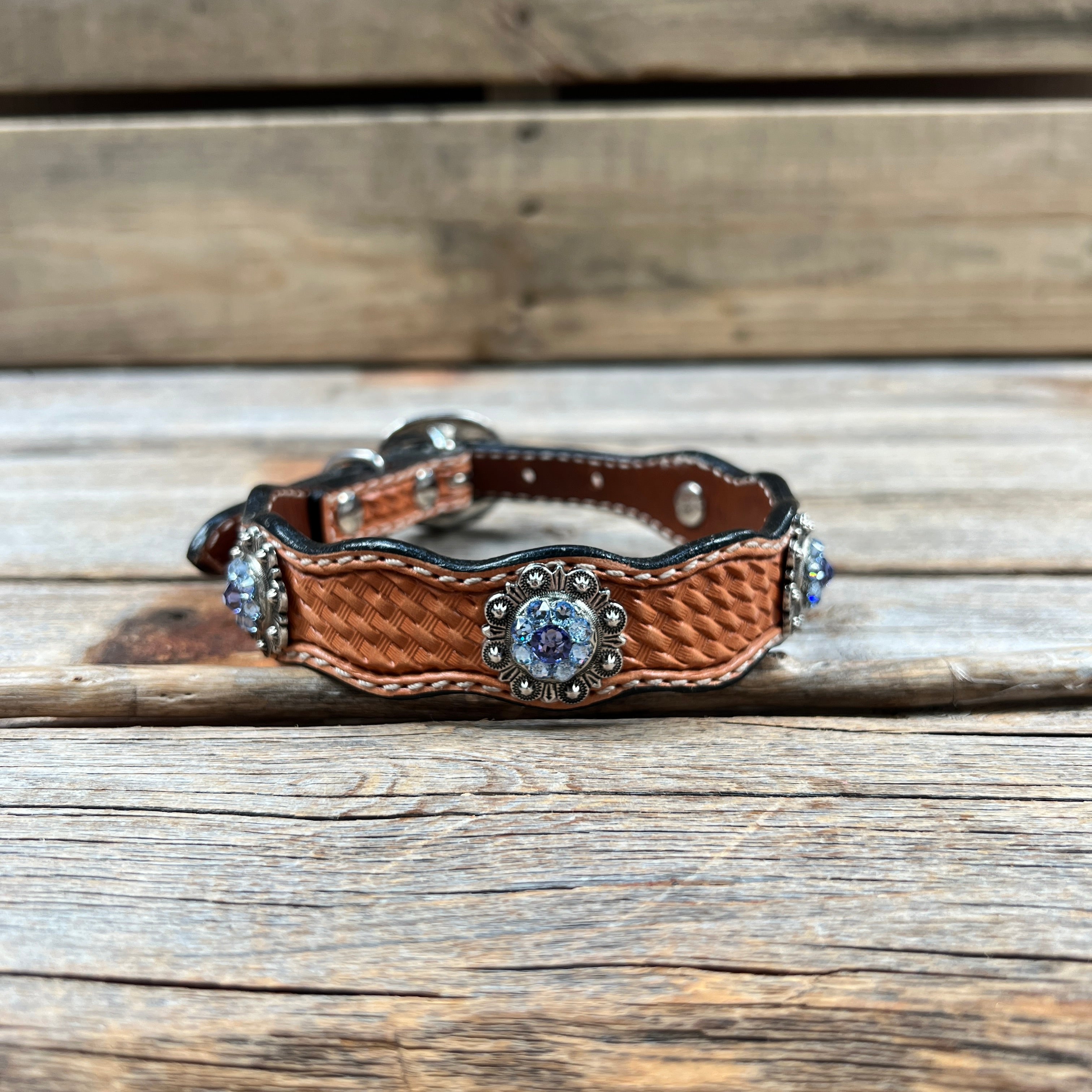 Leather Dog Collar With Antique Silver Lilac and Light Sapphire Conchos 10