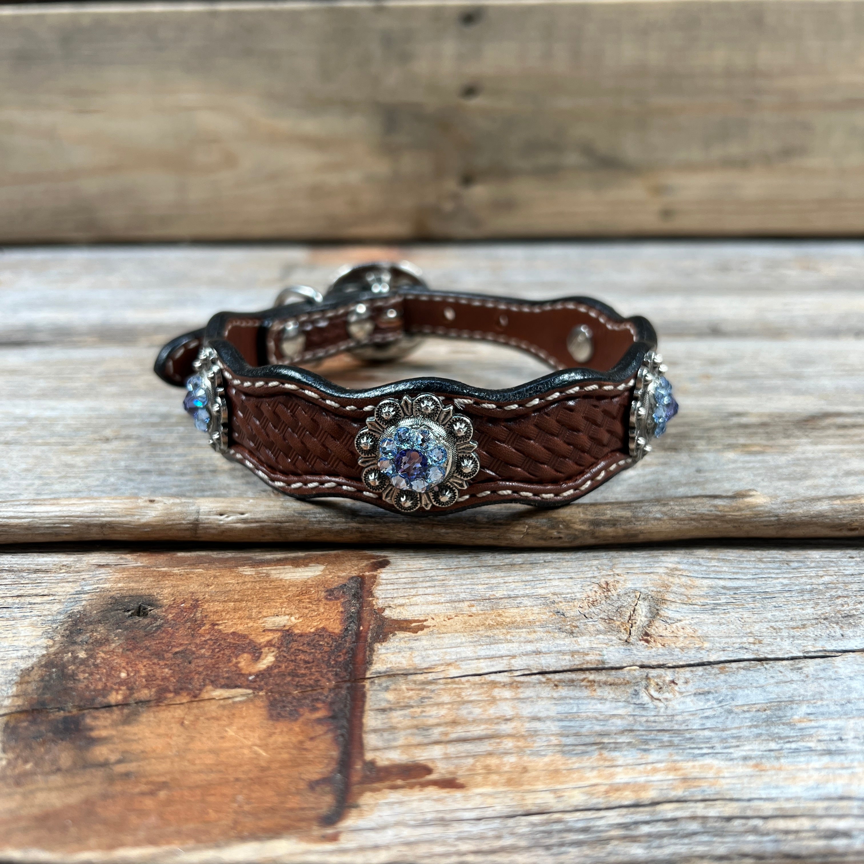 Leather Dog Collar With Antique Silver Lilac and Light Sapphire Conchos 10" to 22" -DC50