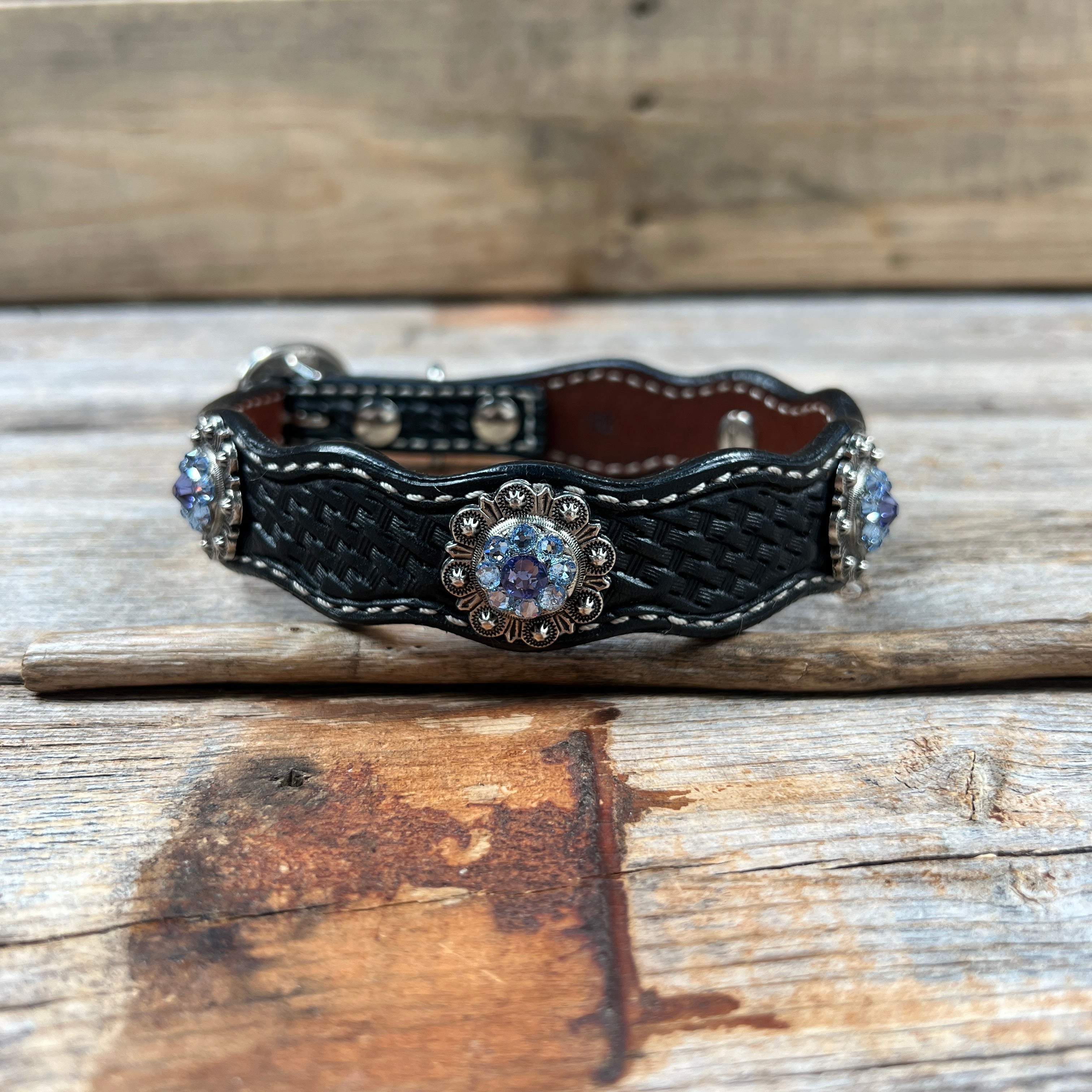 Leather Dog Collar With Antique Silver Lilac and Light Sapphire Conchos 10