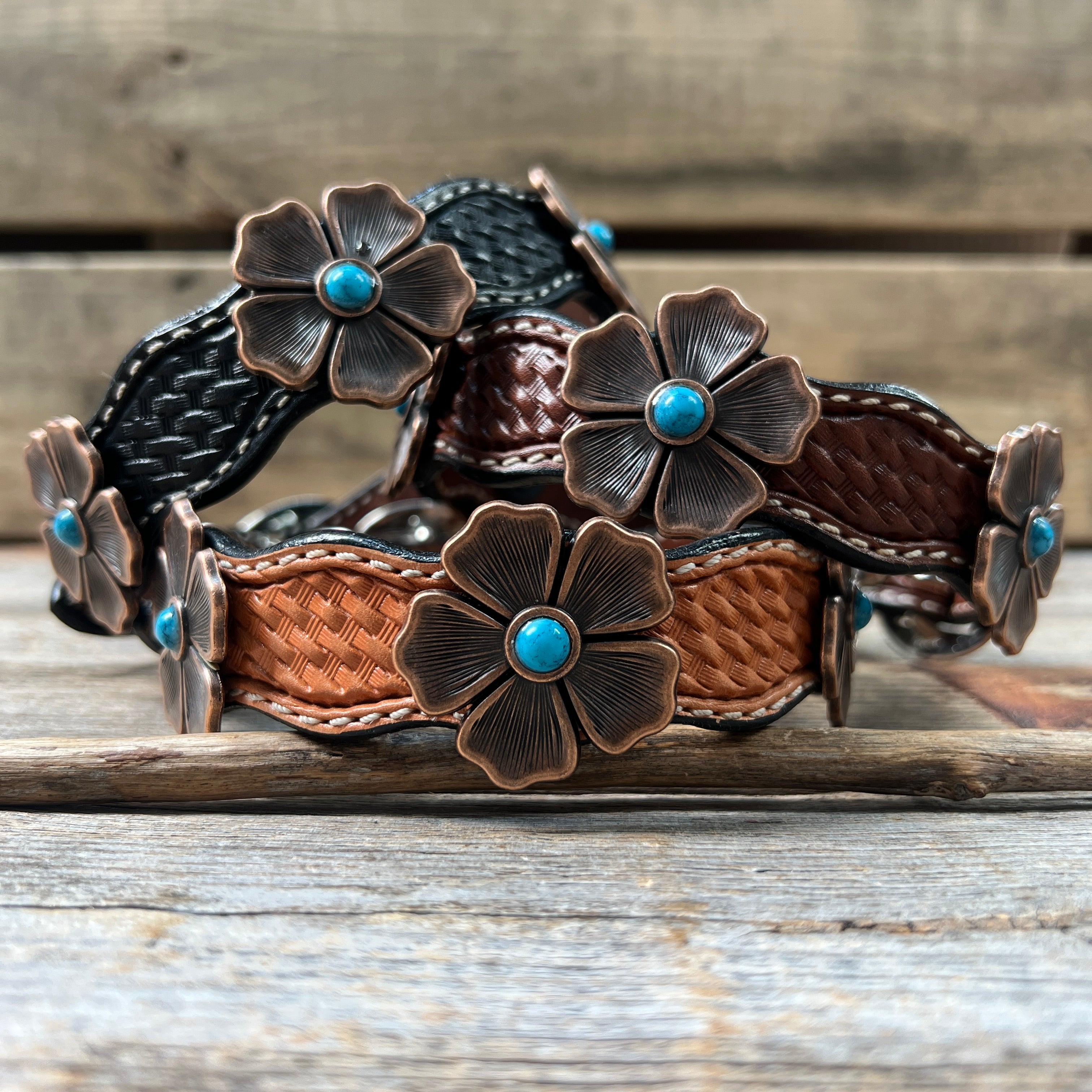 Leather Dog Collar With Copper Flower Conchos 12" to 22" W111S -DC7