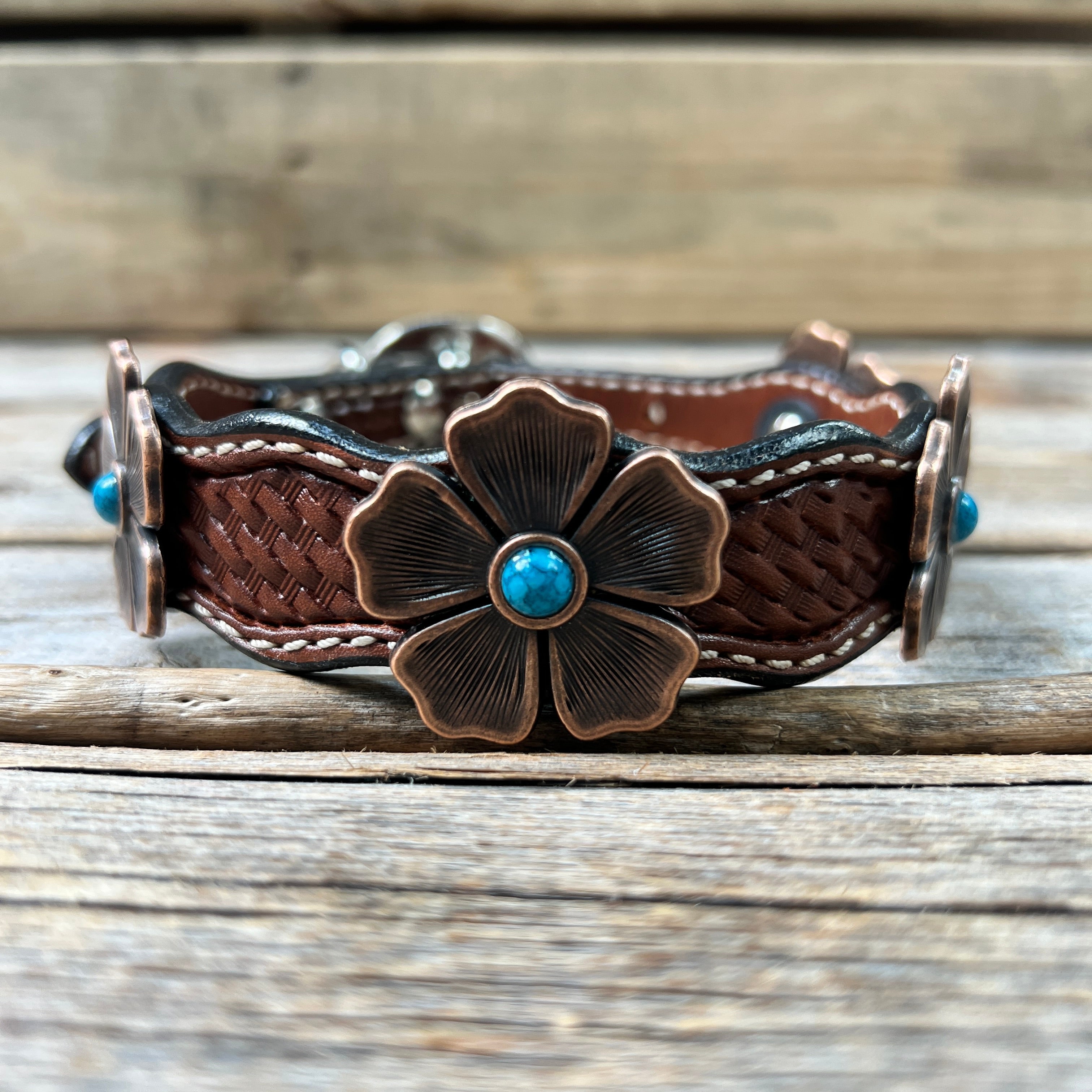 Leather Dog Collar With Copper Flower Conchos 12" to 22" W111S -DC7