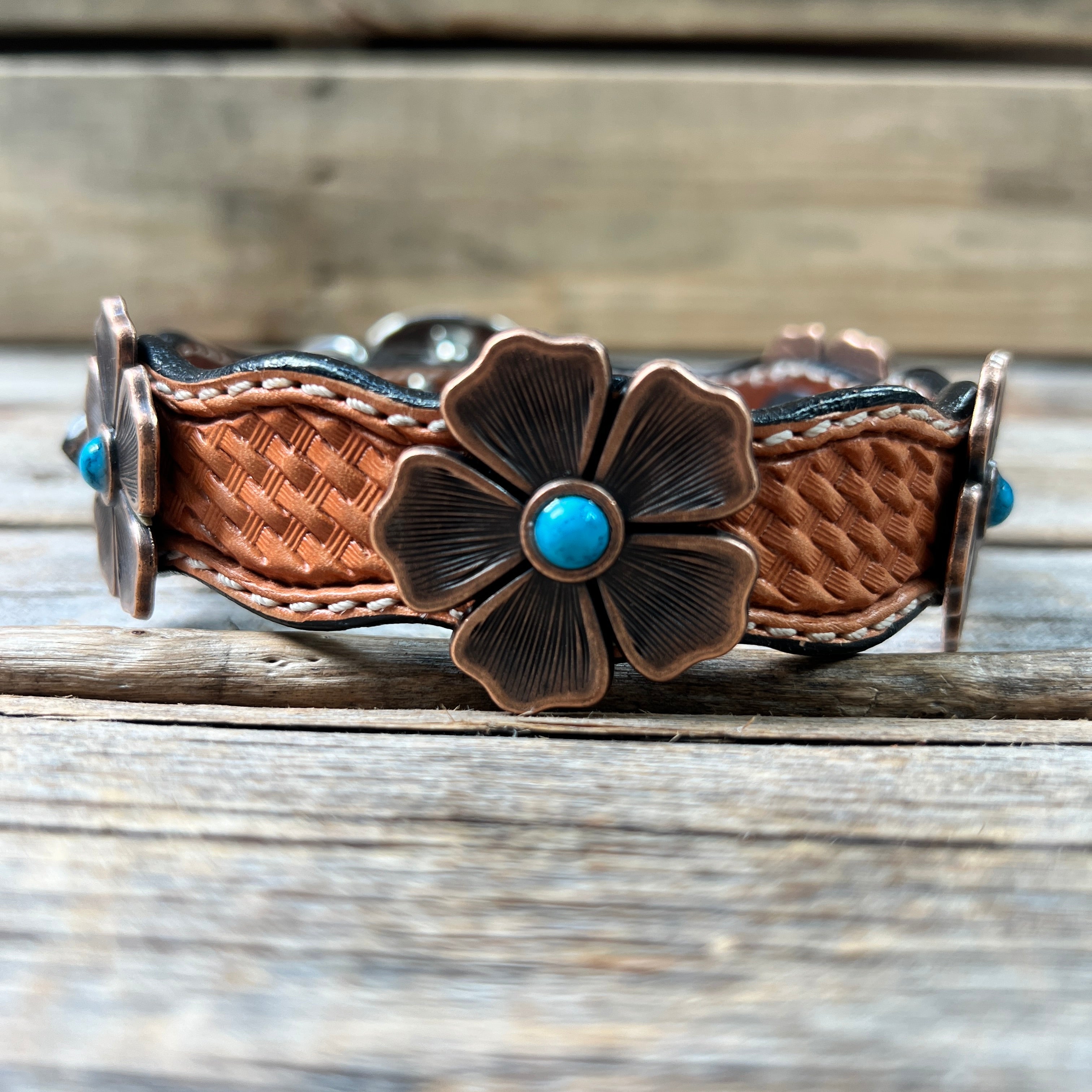 Leather Dog Collar With Copper Flower Conchos 12" to 22" W111S -DC7
