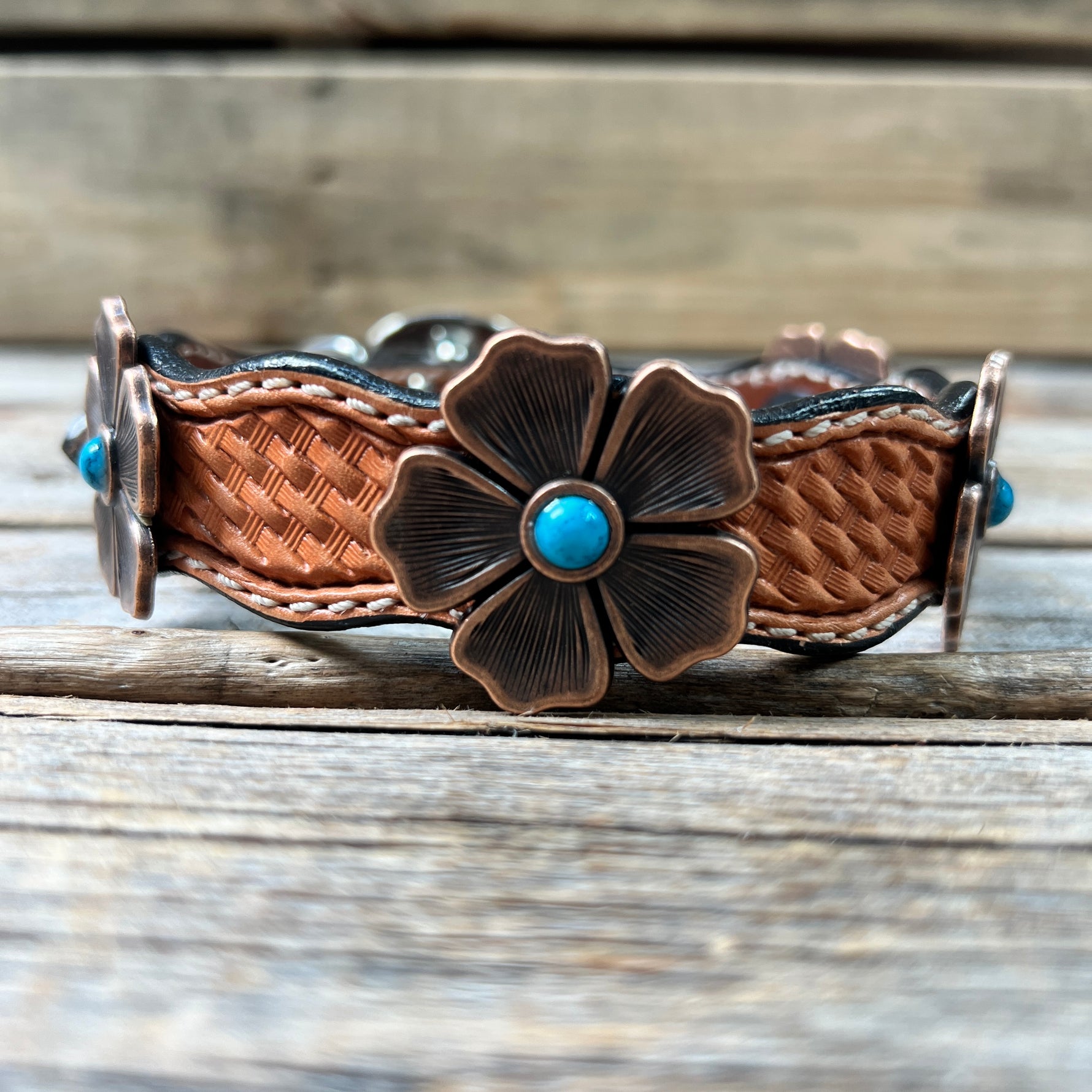 Genuine Leather Dog Collar or Leash With Copper Flower Conchos 12" to 22" W111S -DC7