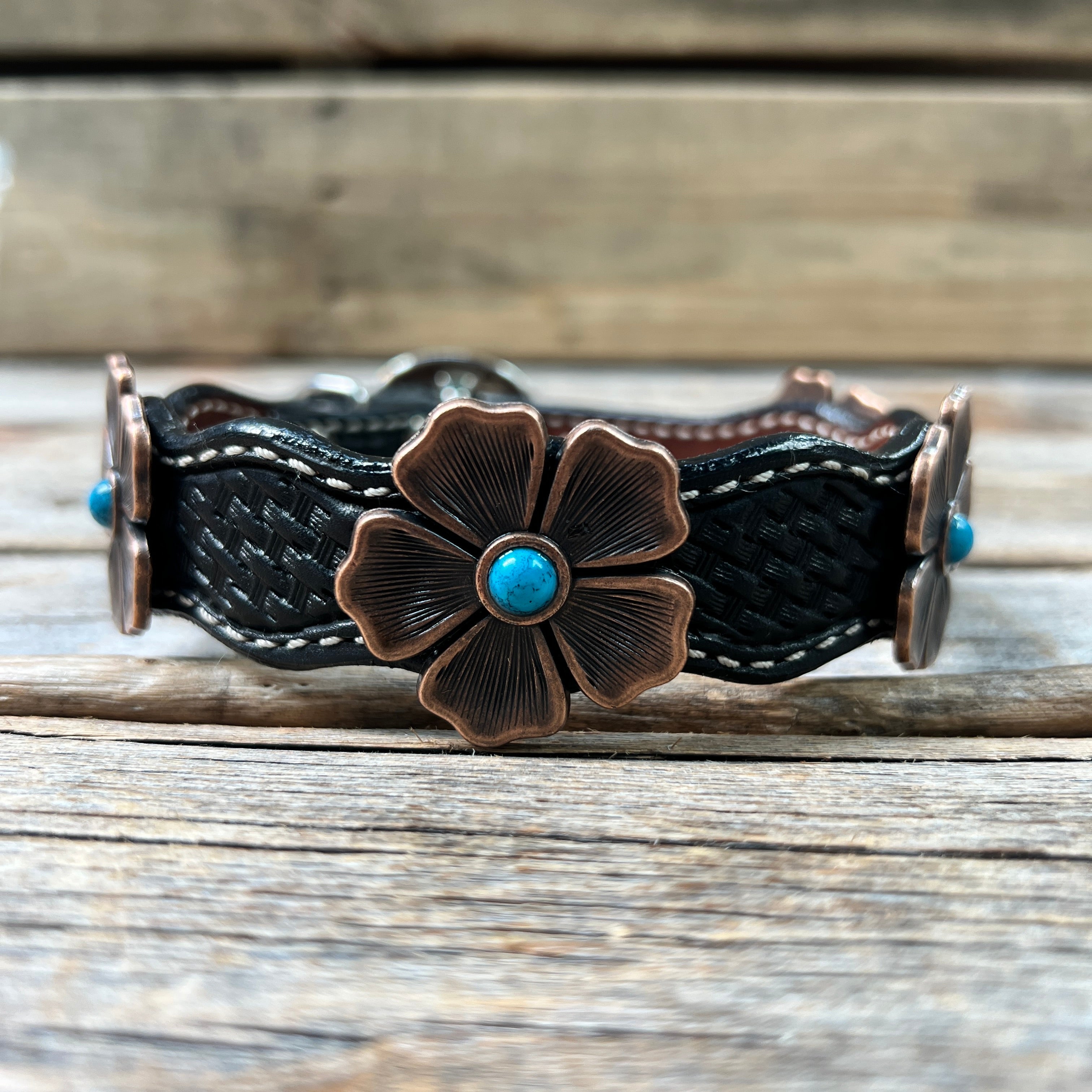 Leather Dog Collar With Copper Flower Conchos 12" to 22" W111S -DC7
