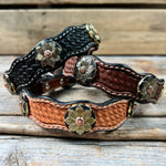 Genuine Leather Dog Collar or Leash With Copper Flower Conchos 10" to 22" W125S -DC52