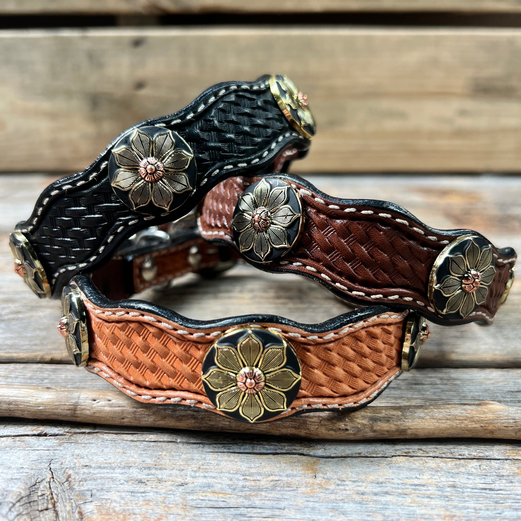 Genuine Leather Dog Collar or Leash With Copper Flower Conchos 10" to 22" W125S -DC52