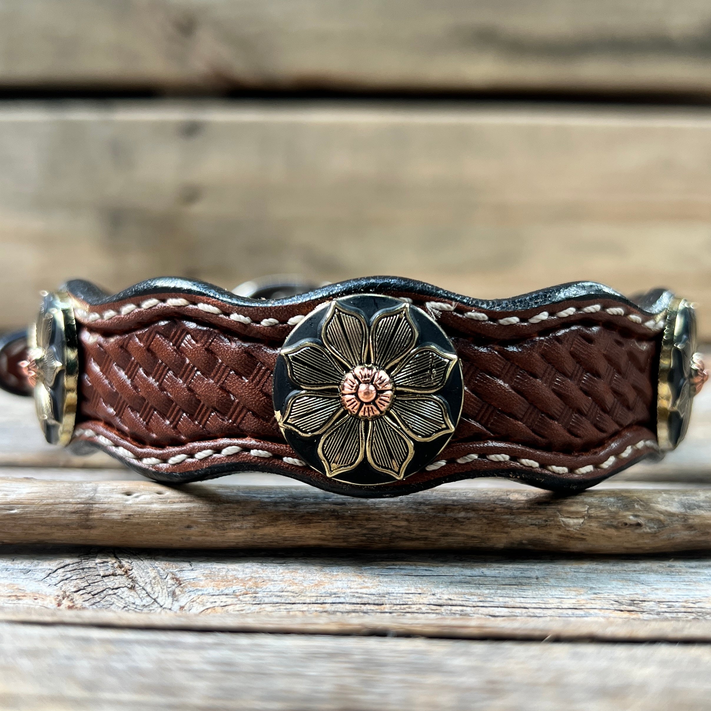Leather Dog Collar With Copper Flower Conchos 10" to 22" W125S -DC52