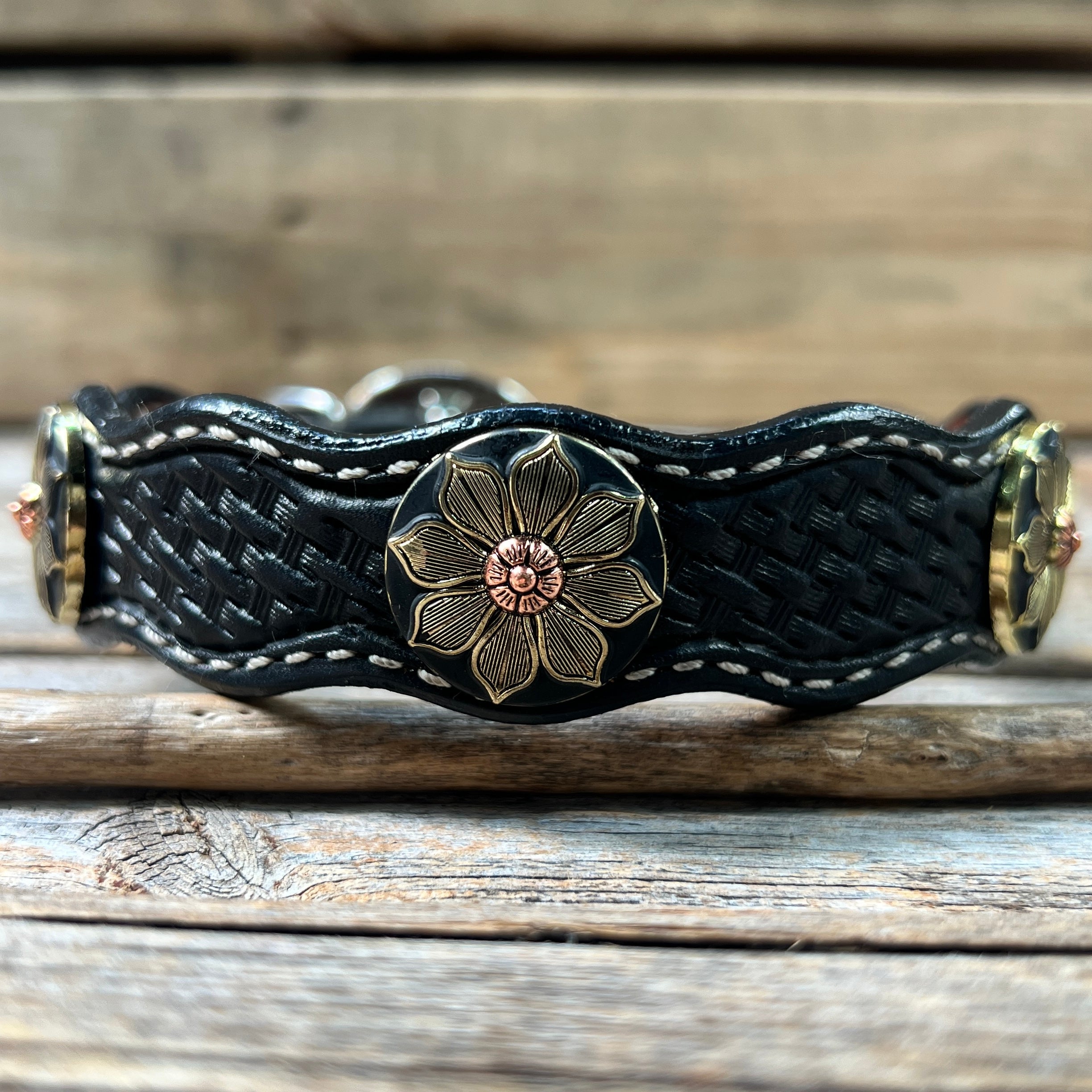 Leather Dog Collar With Copper Flower Conchos 10" to 22" W125S -DC52