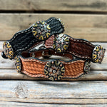Genuine Leather Dog Collar With Antique Silver and Dots Conchos 10" to 22" W147S -DC53
