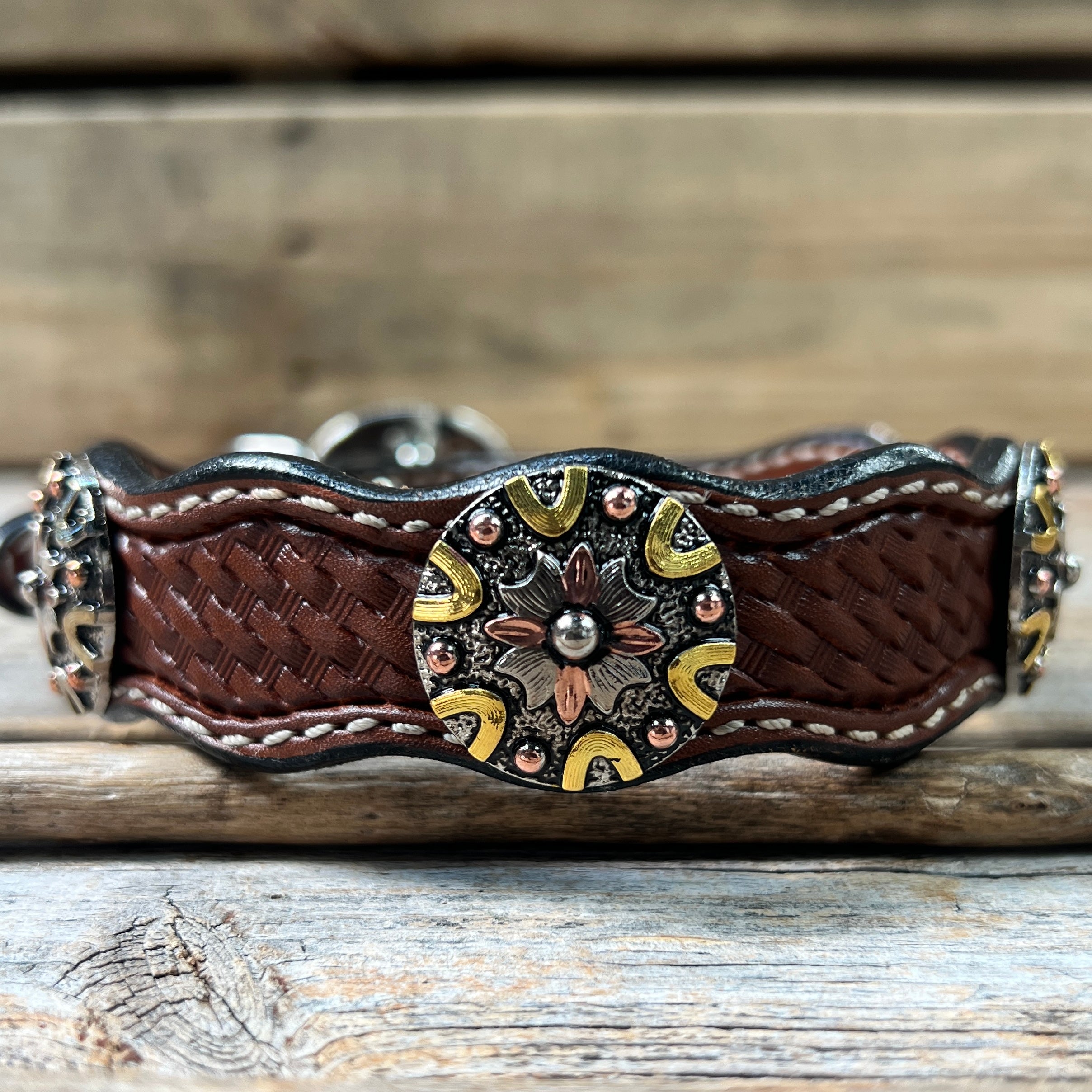 Leather Dog Collar With Antique Silver and Dots Conchos 10" to 22" W147S -DC53