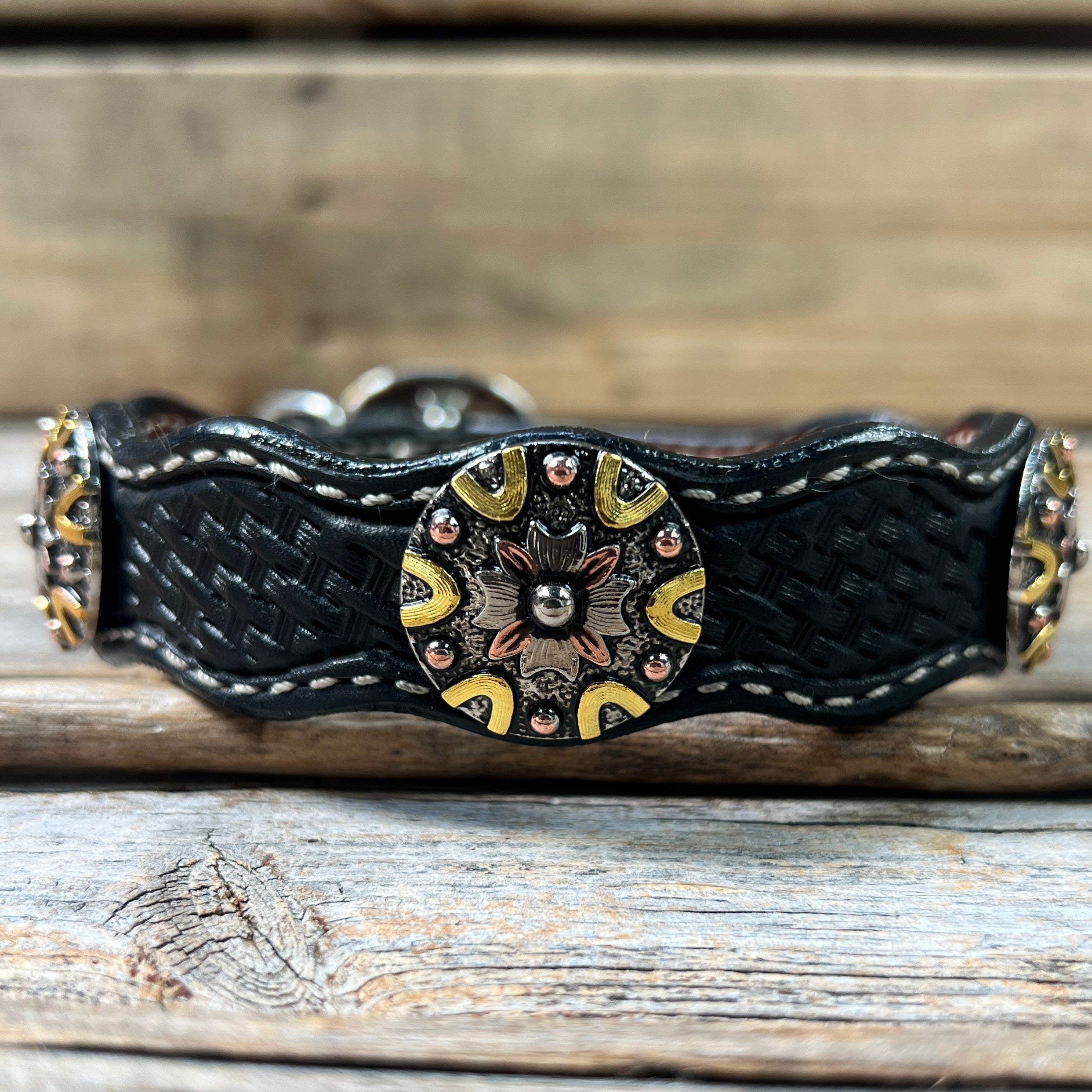 Leather Dog Collar With Antique Silver and Dots Conchos 10" to 22" W147S -DC53