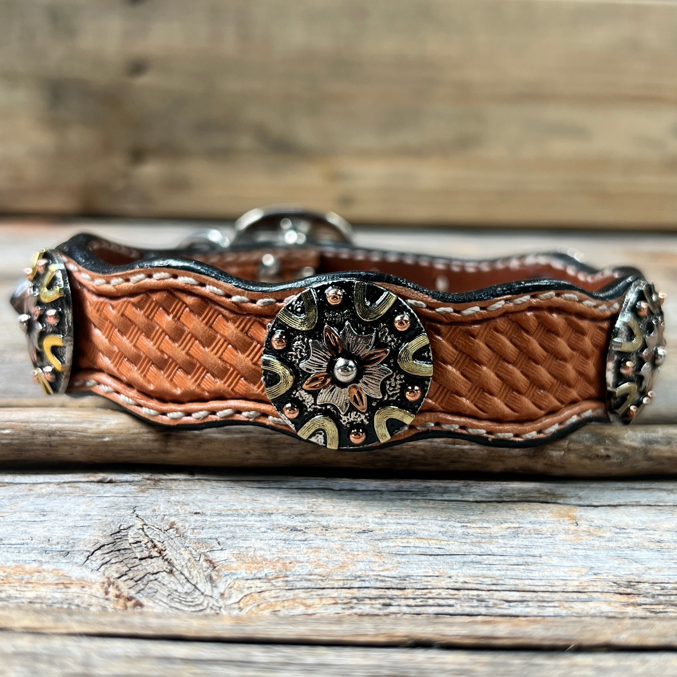 Leather Dog Collar With Antique Silver and Dots Conchos 10" to 22" W147S -DC53