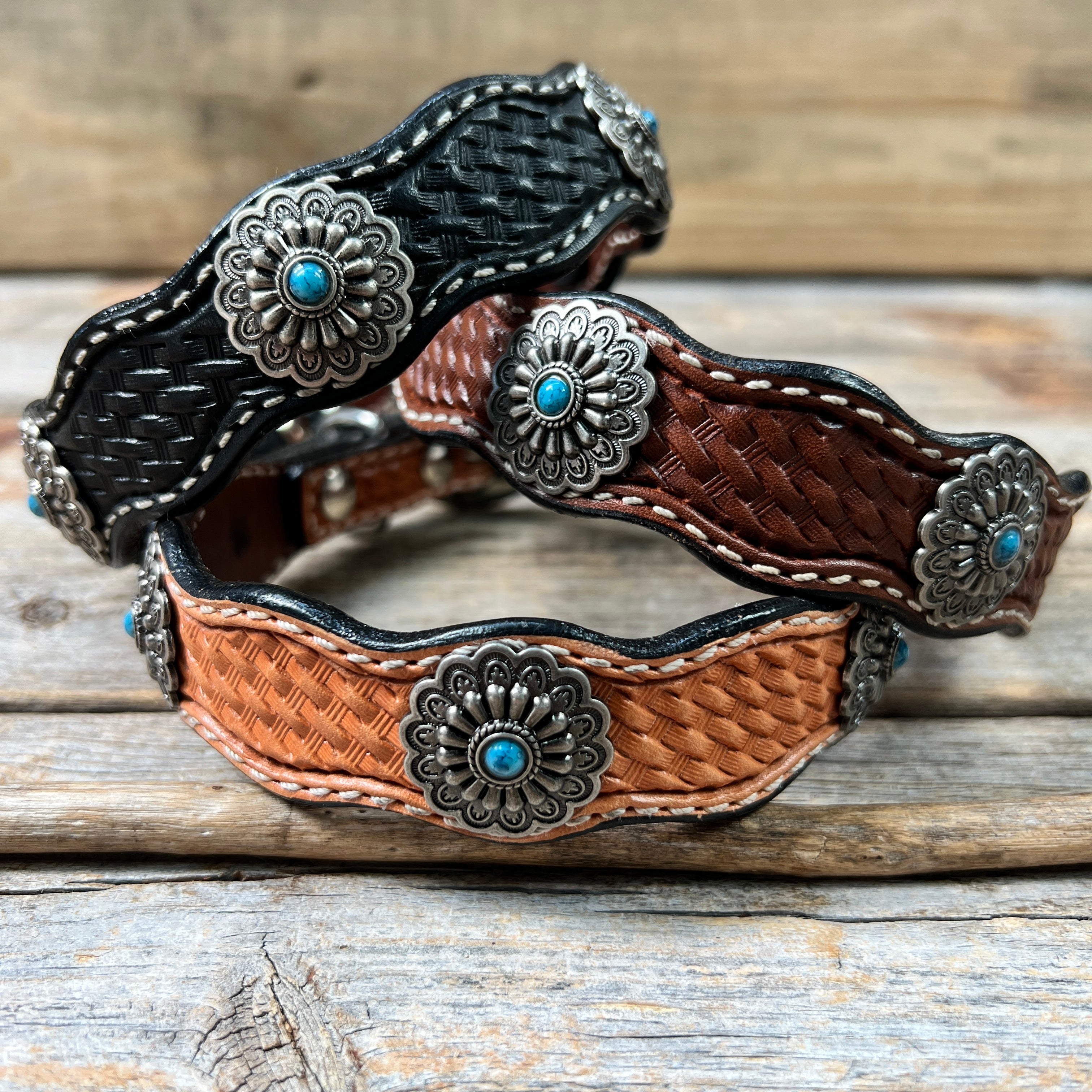 Leather Dog Collar With Antique Silver Floral Conchos 10