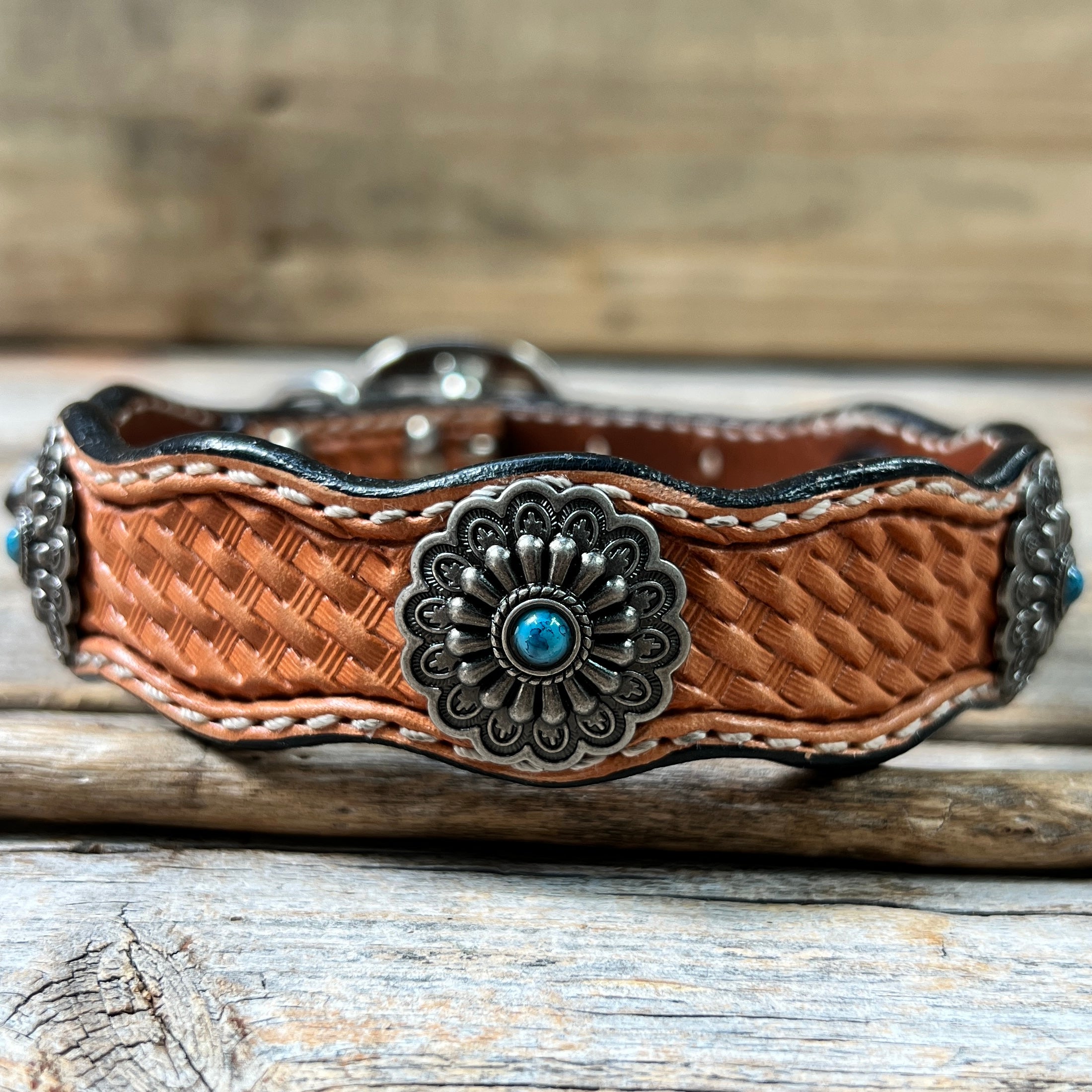 Leather Dog Collar With Antique Silver Floral Conchos 10" to 22" W203S -DC54