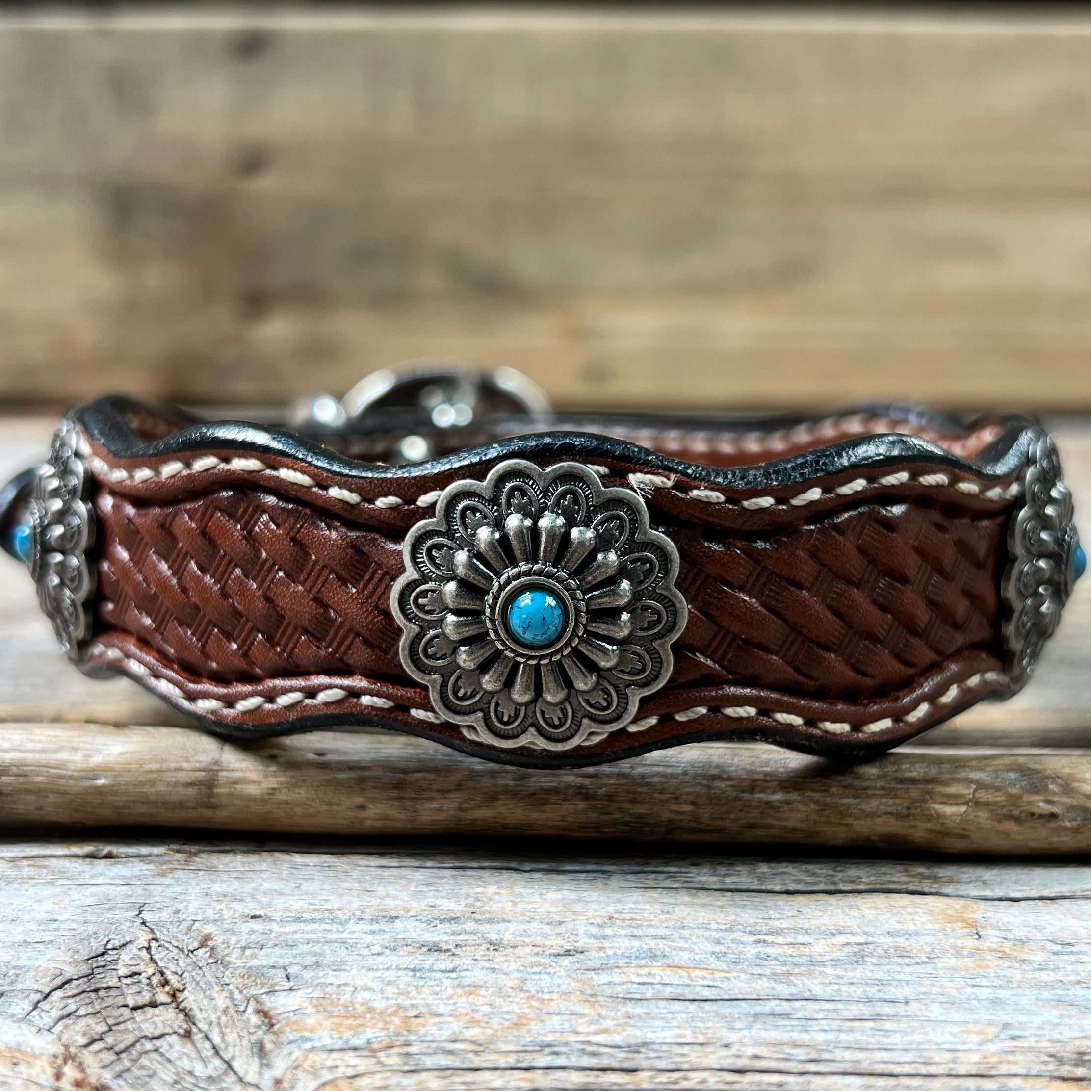 Leather Dog Collar With Antique Silver Floral Conchos 10" to 22" W203S -DC54