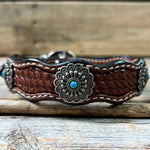Genuine Leather Dog Collar With Antique Silver Floral Conchos 10" to 22" W203S -DC54