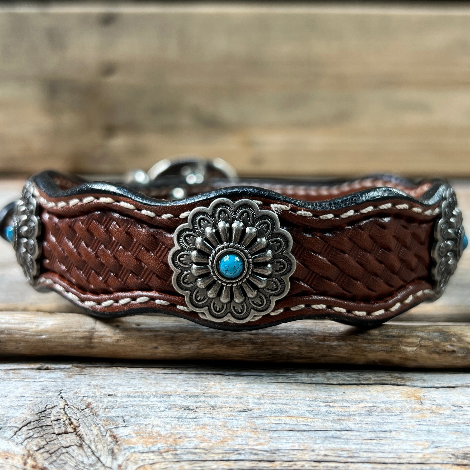 Genuine Leather Dog Collar With Antique Silver Floral Conchos 10" to 22" W203S -DC54