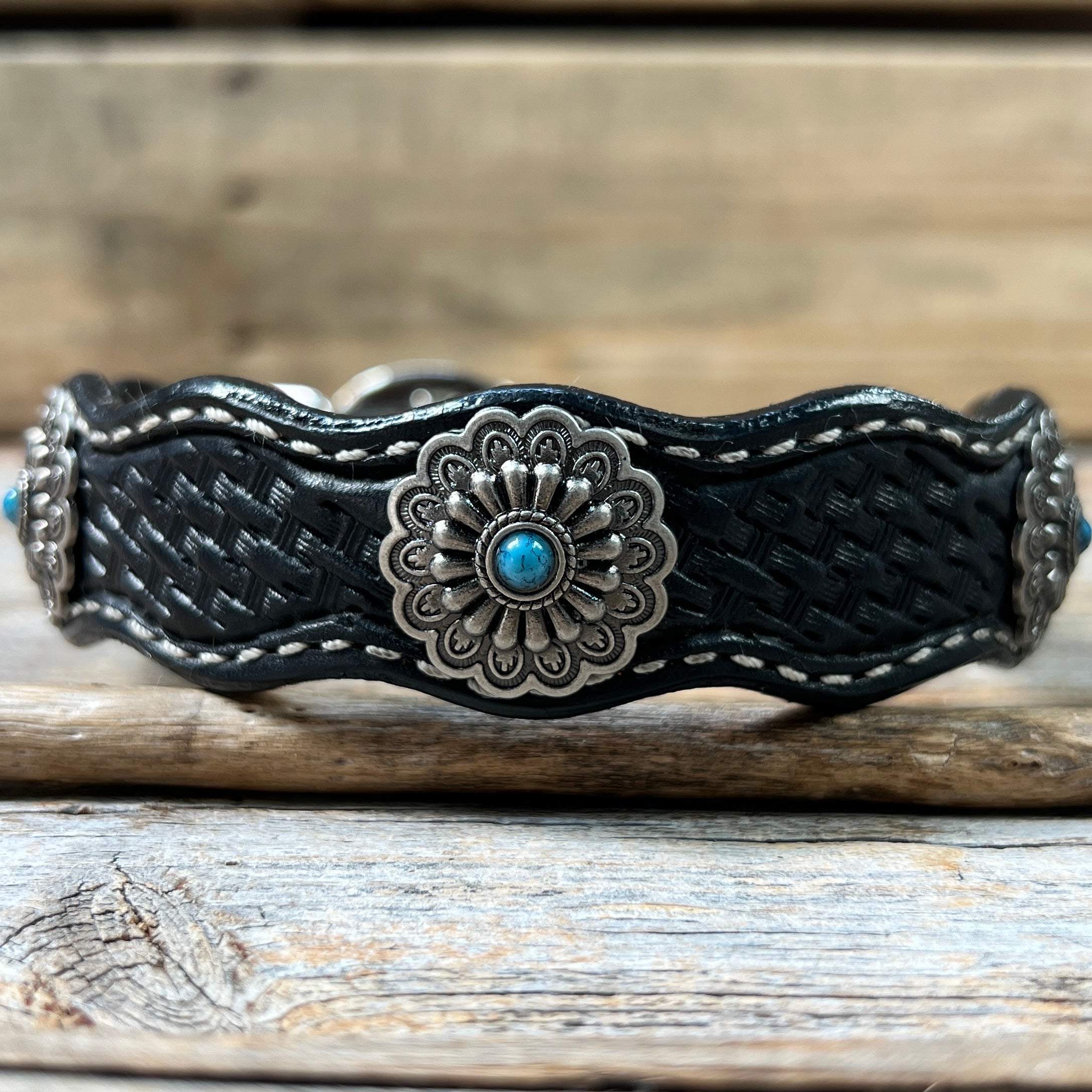 Leather Dog Collar With Antique Silver Floral Conchos 10" to 22" W203S -DC54