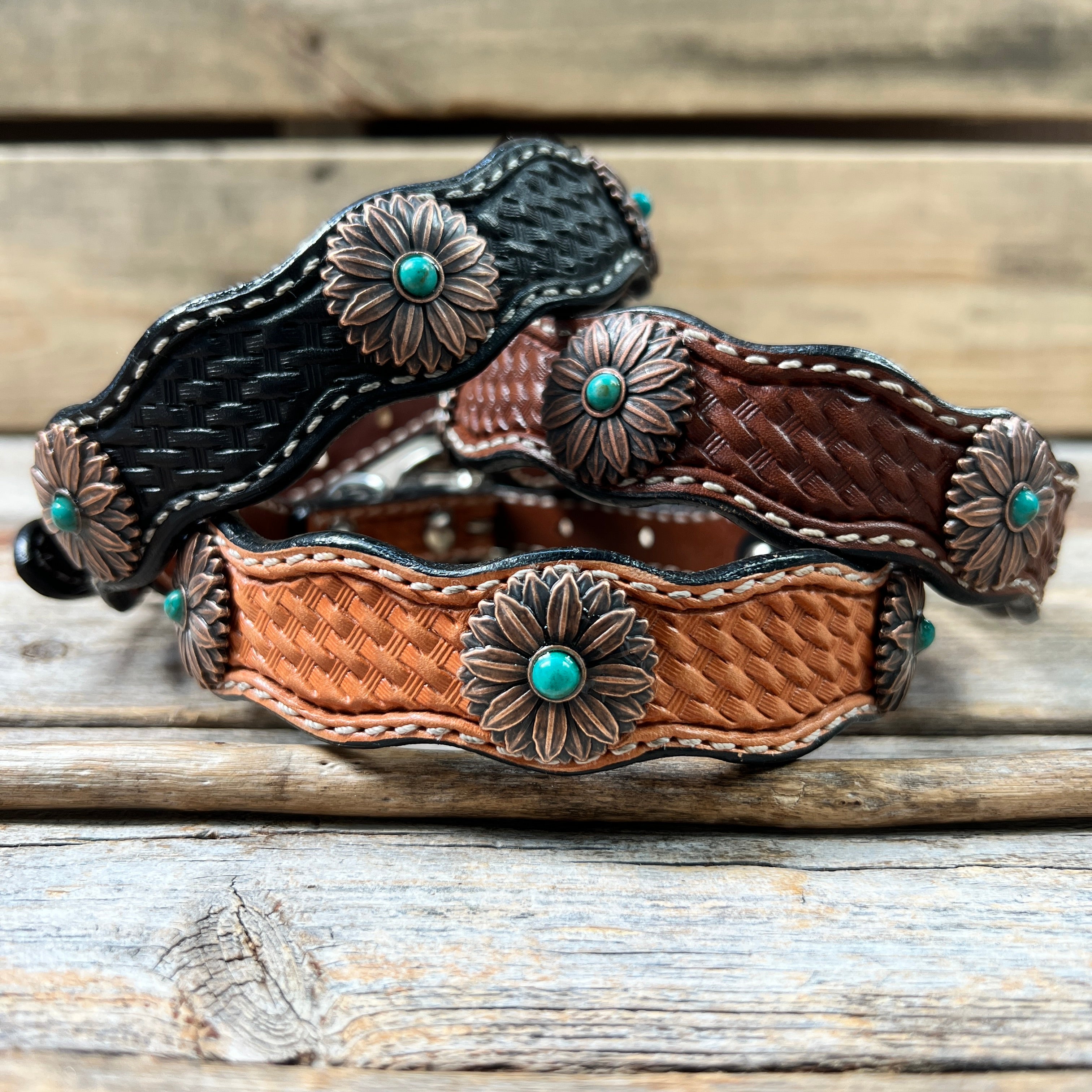 Leather Dog Collar With Copper Flower Conchos 10" to 22" W132S -DC6