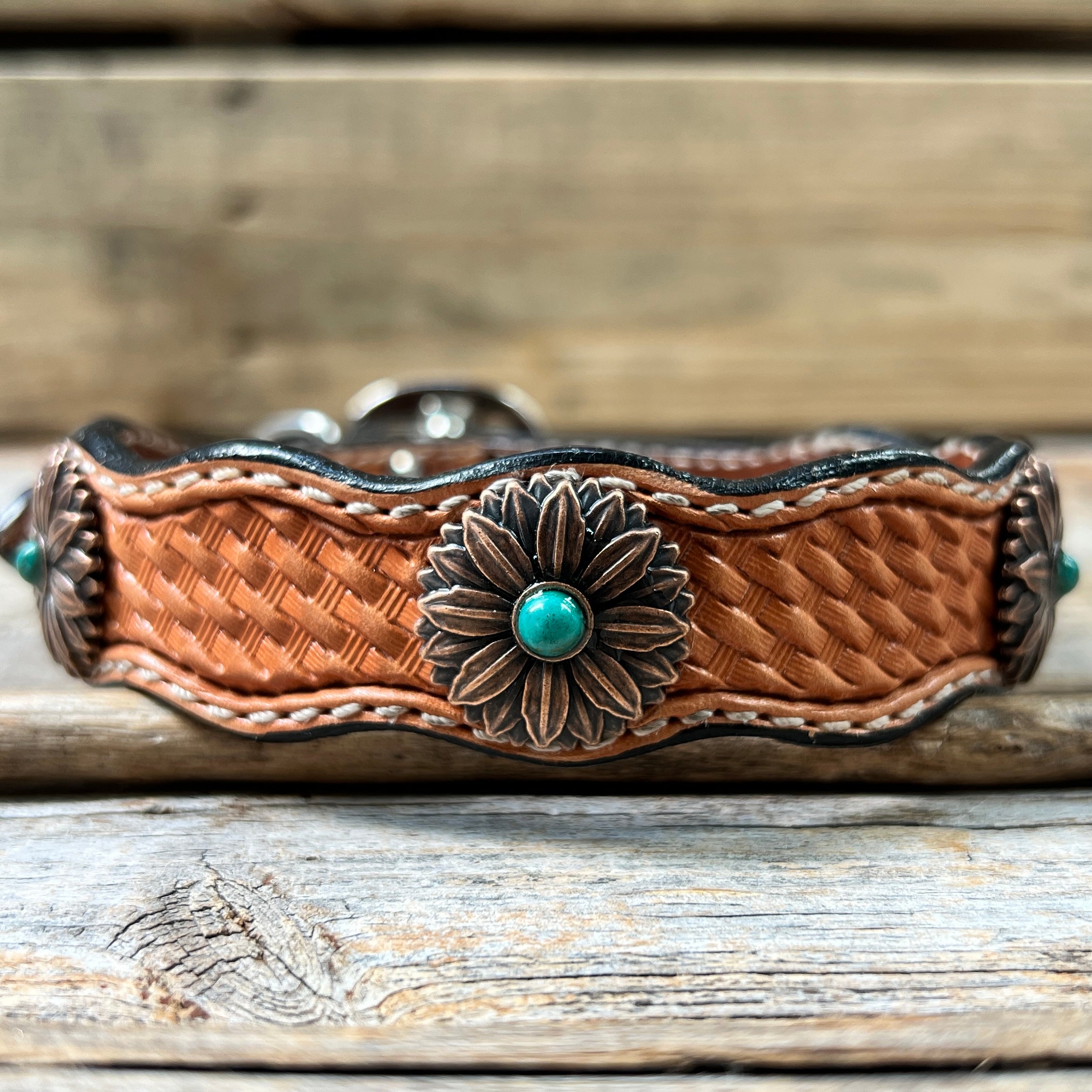 Leather Dog Collar With Copper Flower Conchos 10" to 22" W132S -DC6