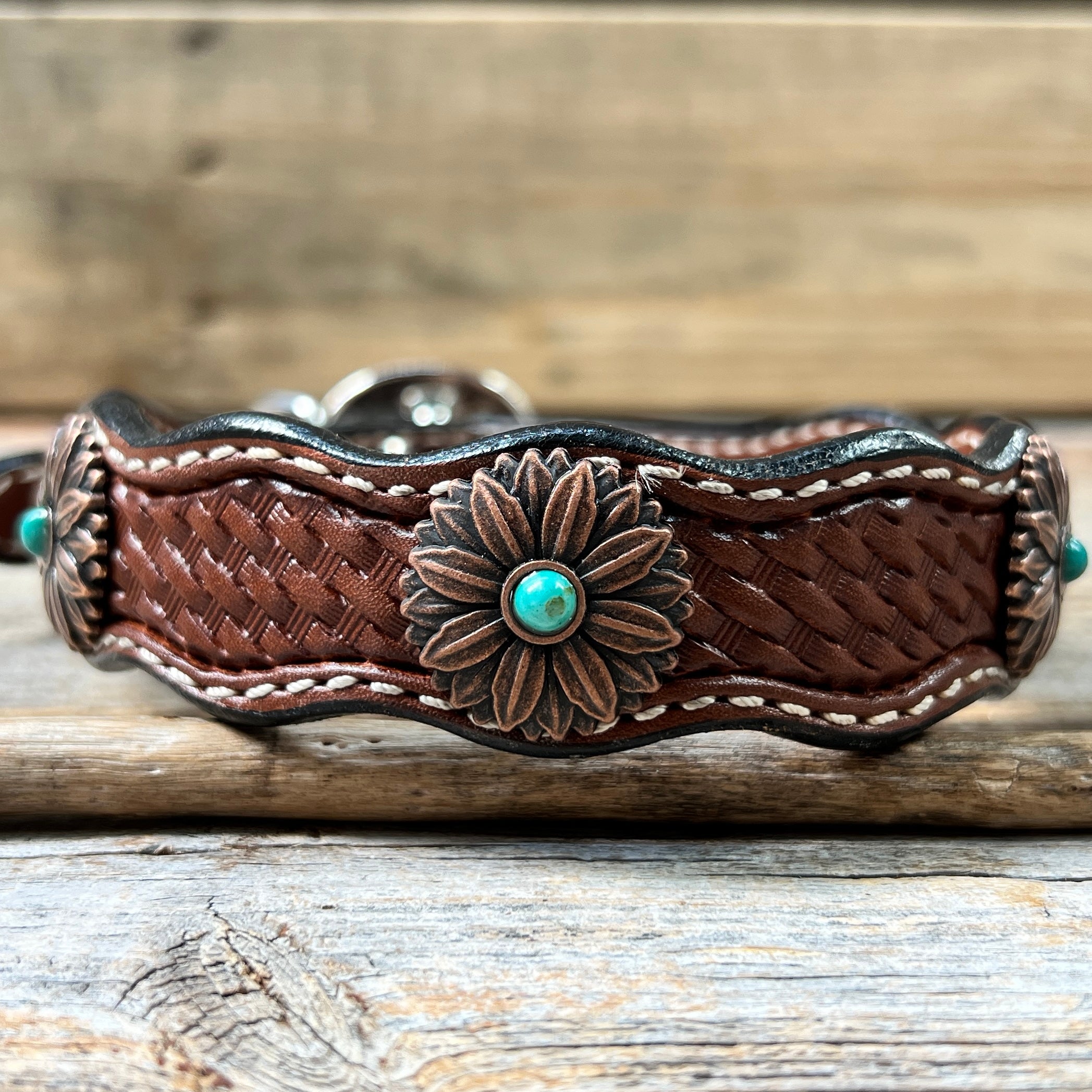 Leather Dog Collar With Copper Flower Conchos 10" to 22" W132S -DC6